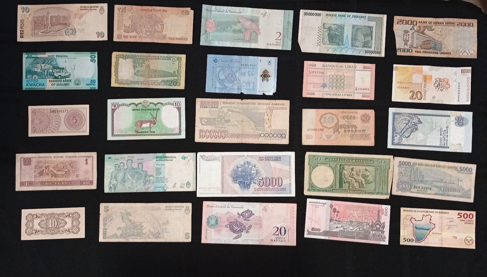 Circulated Lot of 25 Foreign Banknotes World Paper Money Currency Plus BONUS!