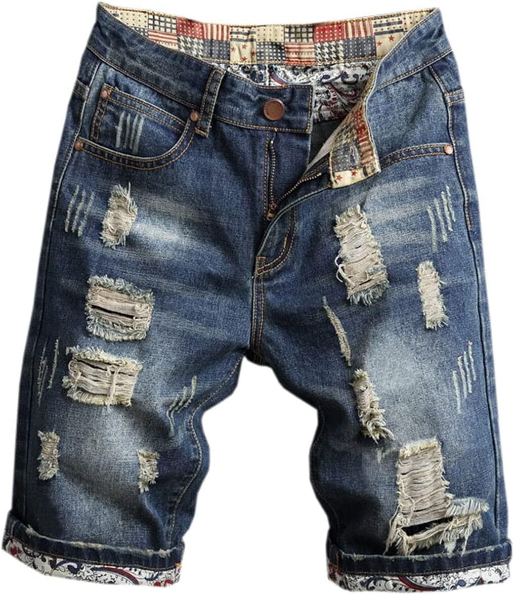 Men's Distressed Denim Shorts Summer Casual Straight Fit Ripped Jean Style
