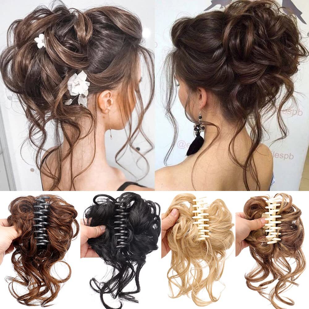 Natural Clip on in Messy Bun Hair Piece Extension Hair Claw Clip Wedding Updo US