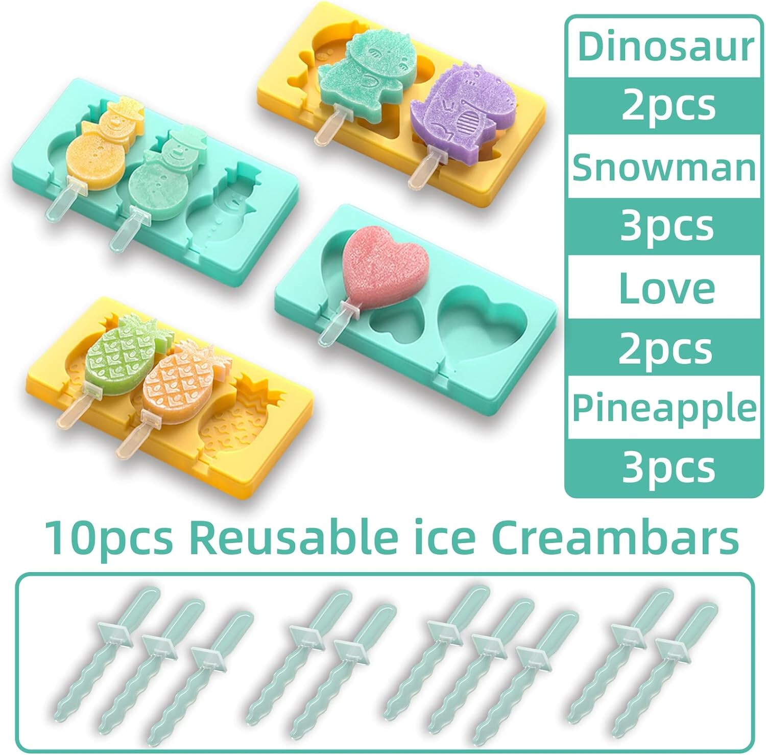 Kids & Toddlers Popsicle/Ice Cream Molds - BPA Free- 10 ct Dinosaur, Snowman