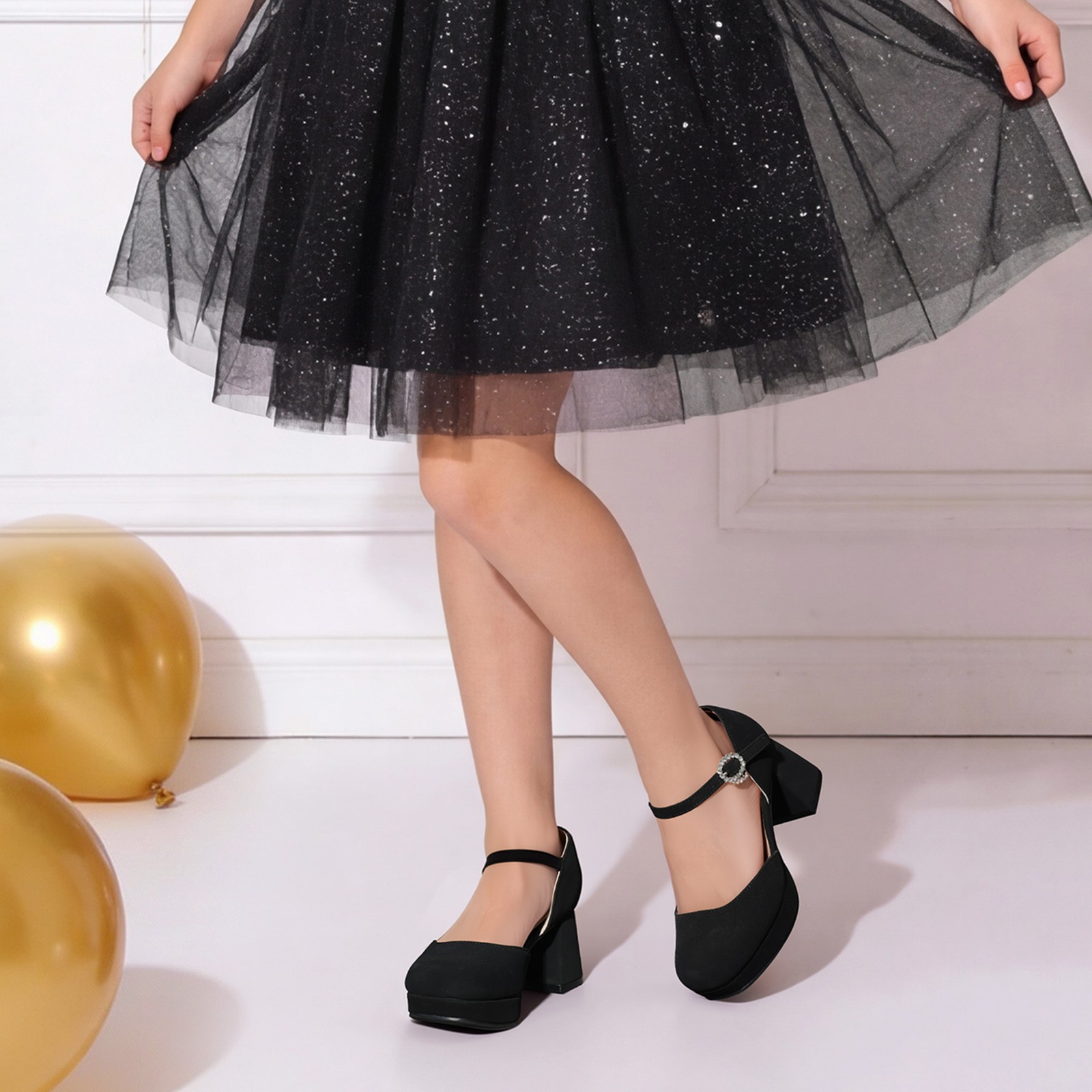 Girls High Block Heels Chic Platform Dress Pumps Square Toe Wedding Party Shoes