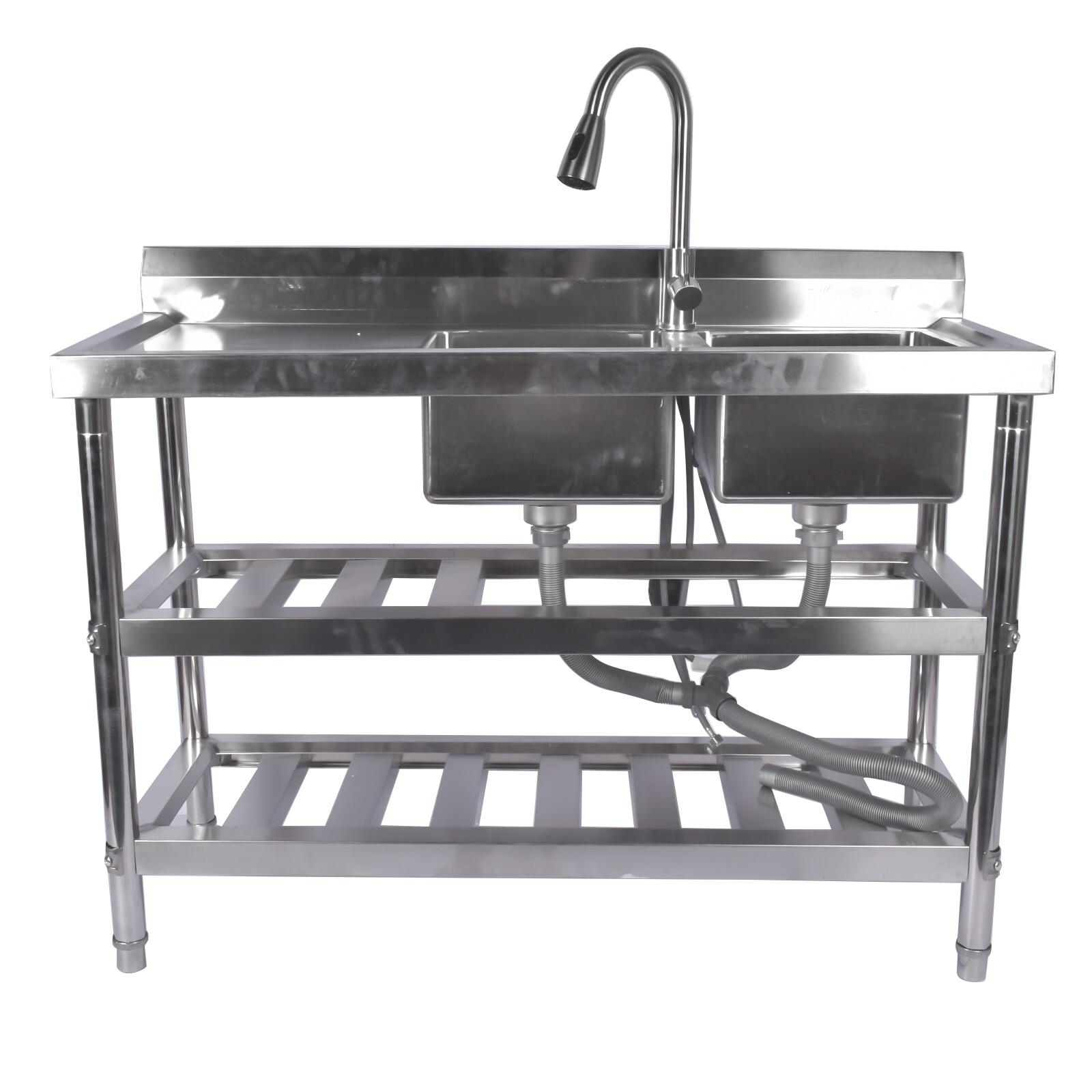 47.2" Stainless Steel Double Bowl Utility Sink with Pull-Out Faucet & Drainboard