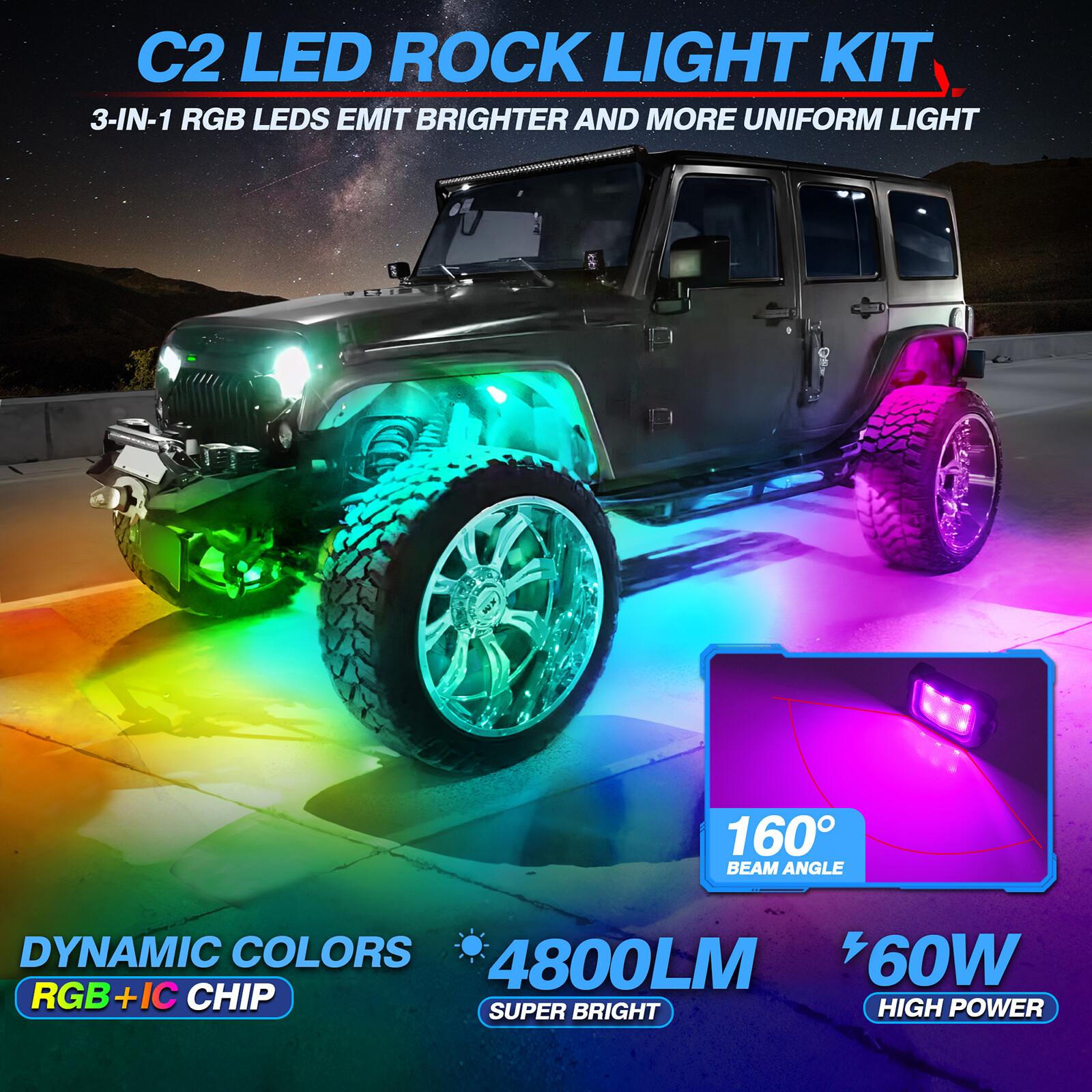 MICTUNING C2 Max RGB+IC LED Rock Lights, Upgrade 12 Pods Chasing Neon Lights Kit