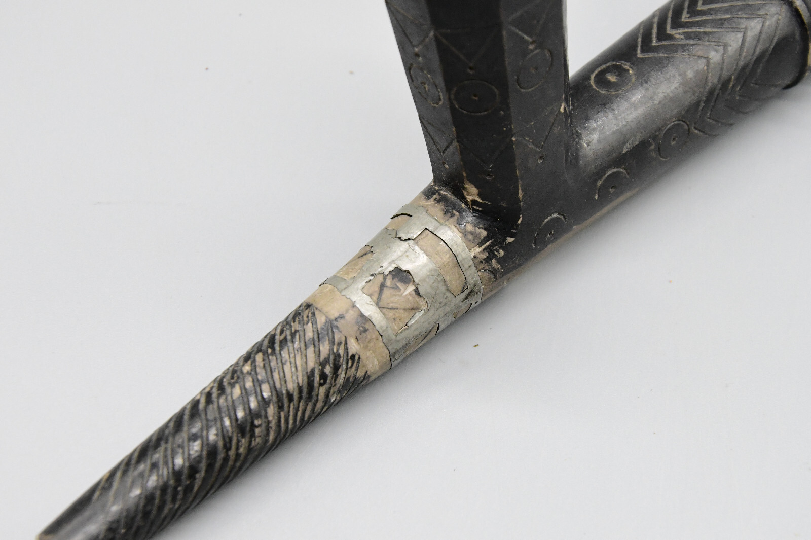 25" Blackfoot Steatite Pipe with Wood Stem Pipe has Repair Done