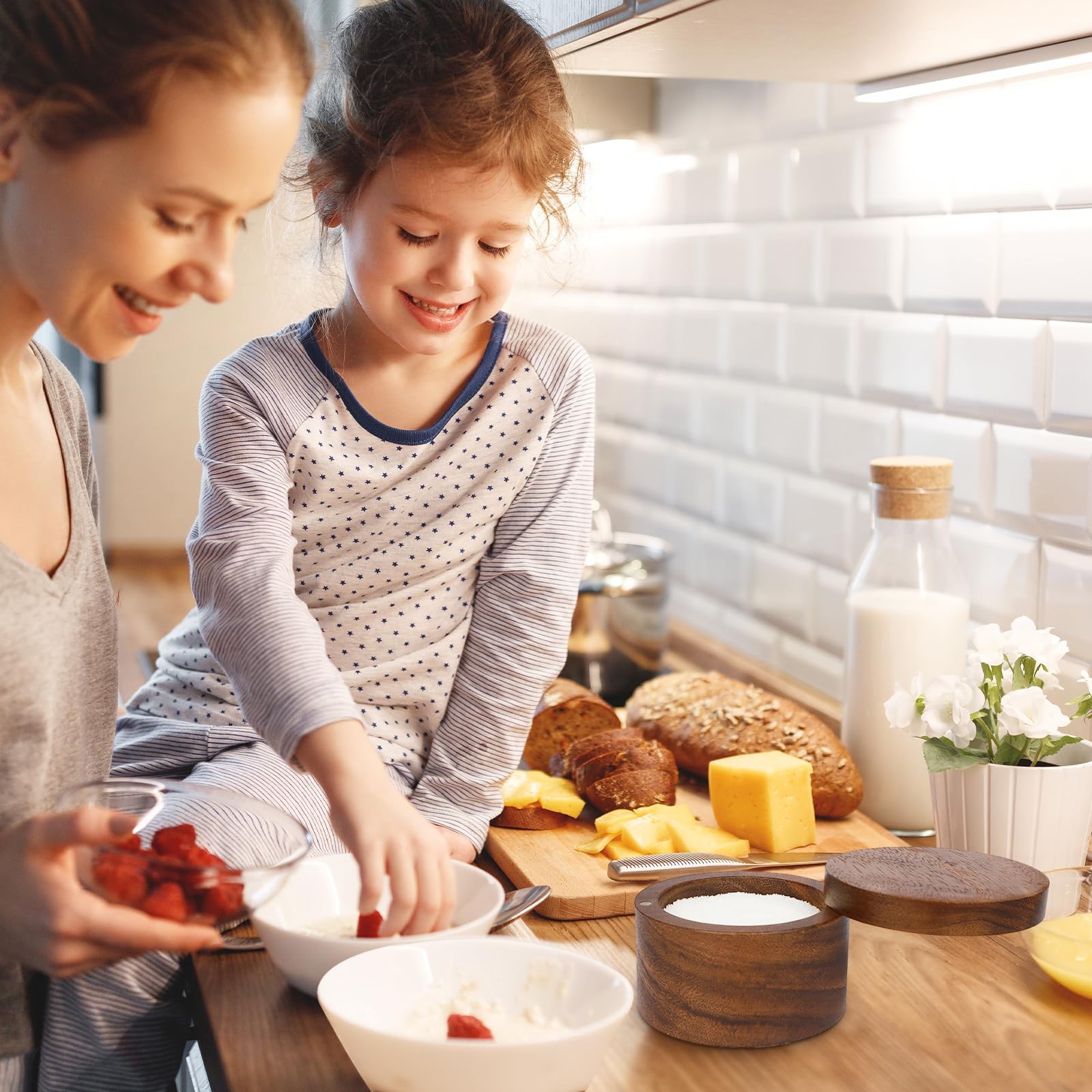 Acacia Wood Salt Cellar set Kitchen Spice Bowl with Lid Natural