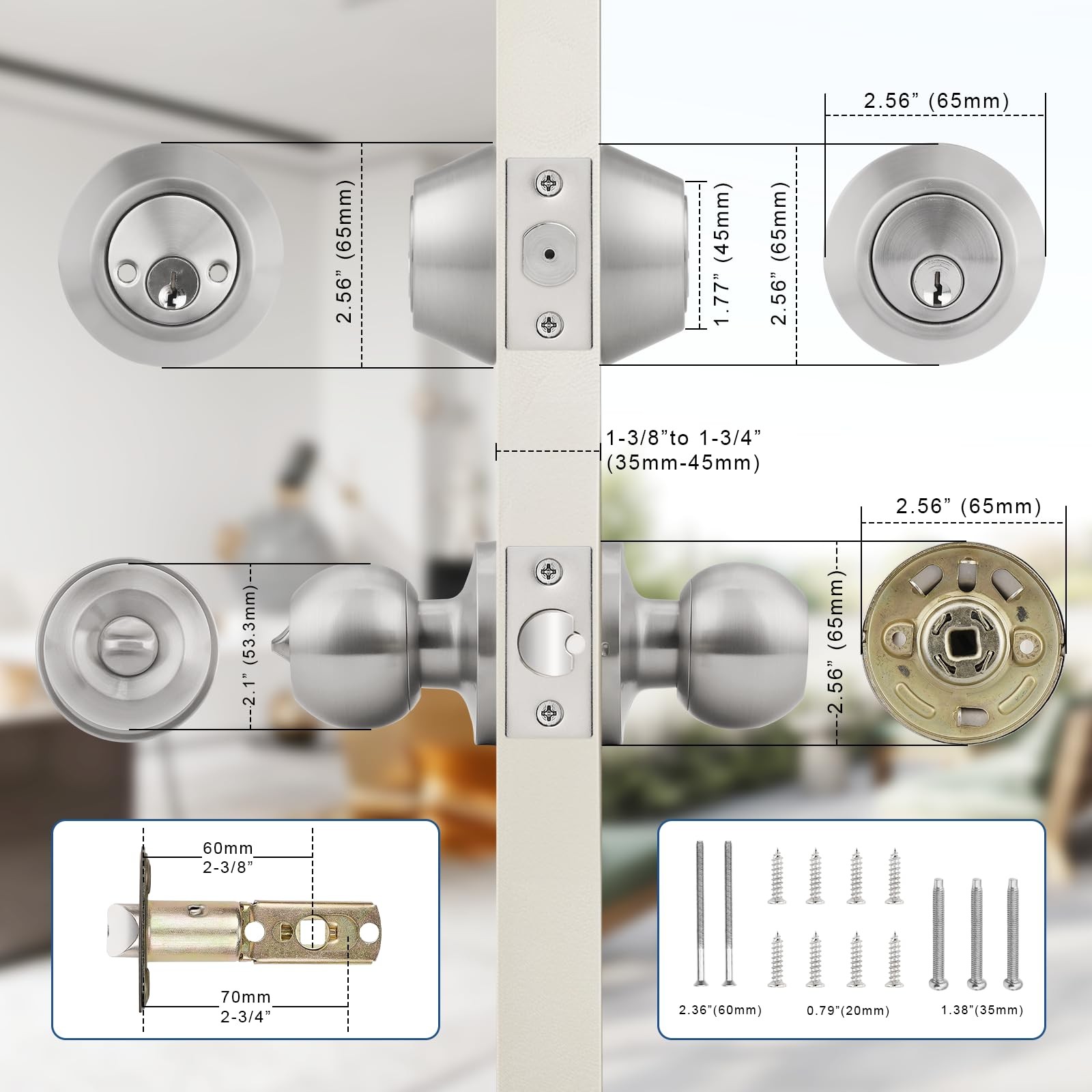 Knobonly Entry Door Knobs and Double Cylinder Deadbolt, Keyed Alike Door Handle