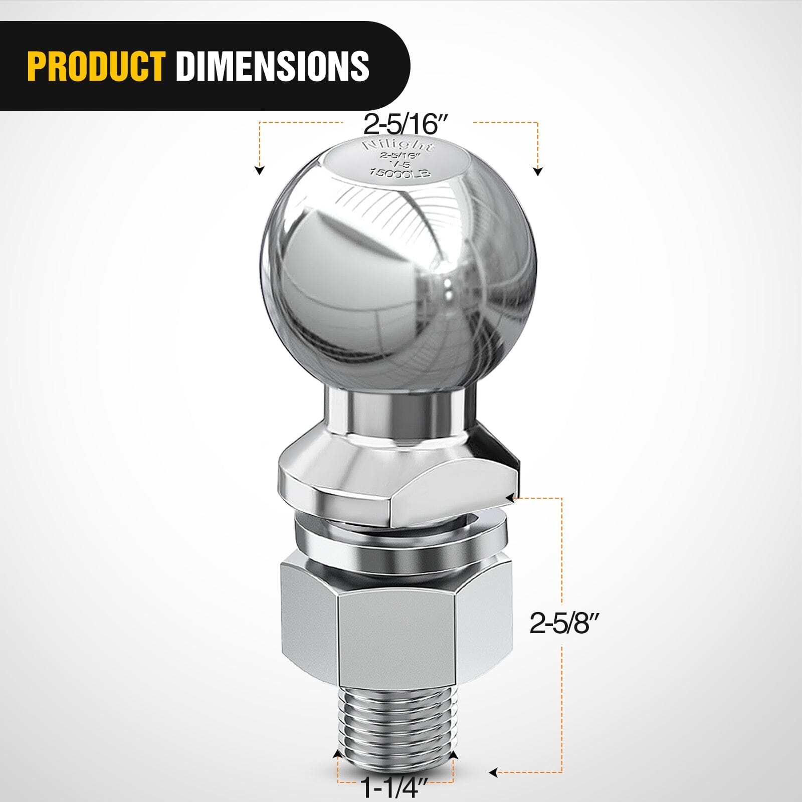 Nilight 2-5/16Inch Chrome Trailer Hitch Ball 1-1/4inch x 2-5/8inch Shank Gray