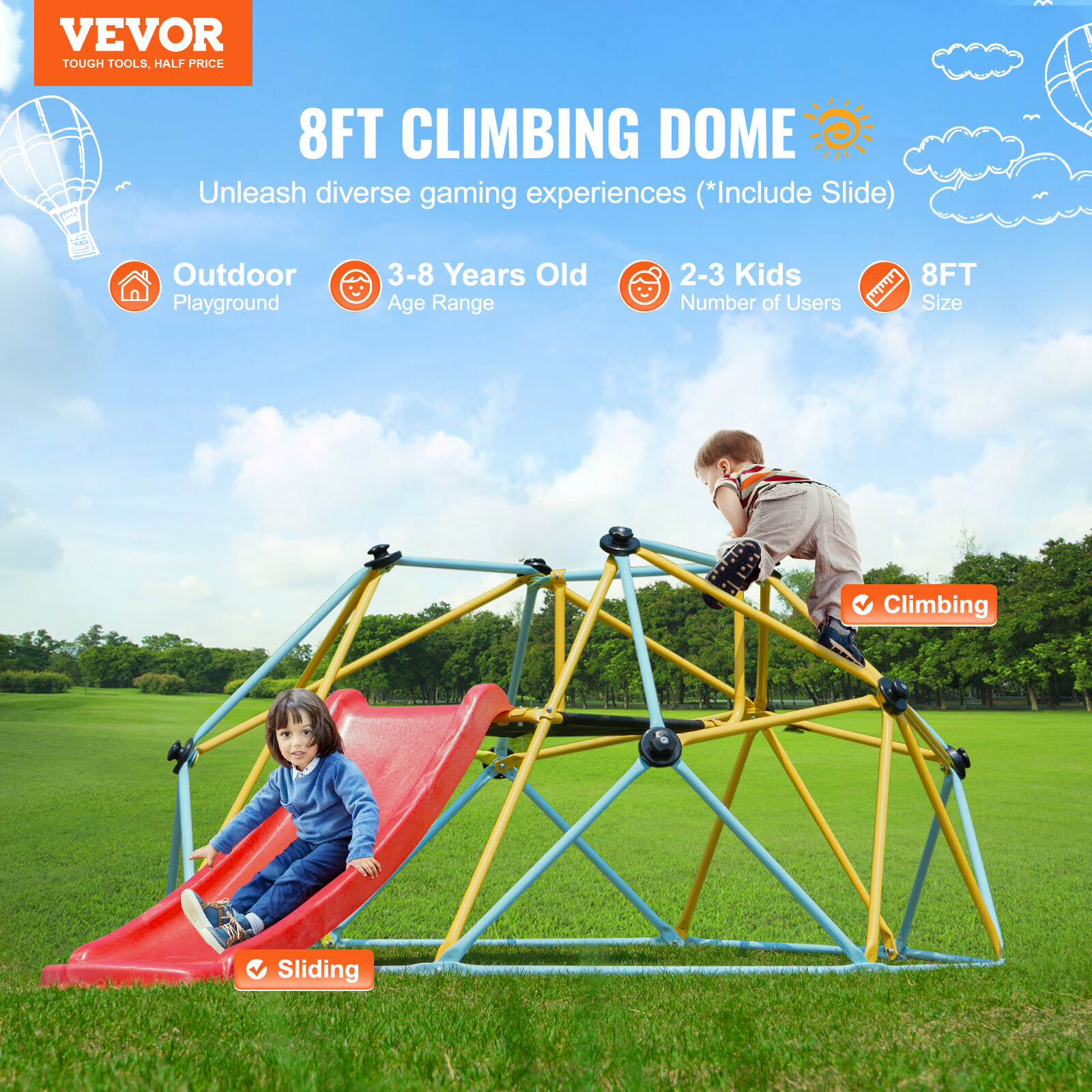 VEVOR Climbing Dome 8FT Geometric Dome Climber with Slide Jungle Gym 3-9 Years