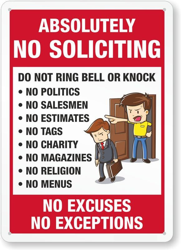 No Soliciting Sign Aluminum Weatherproof 8x12 Outdoor Business Warning