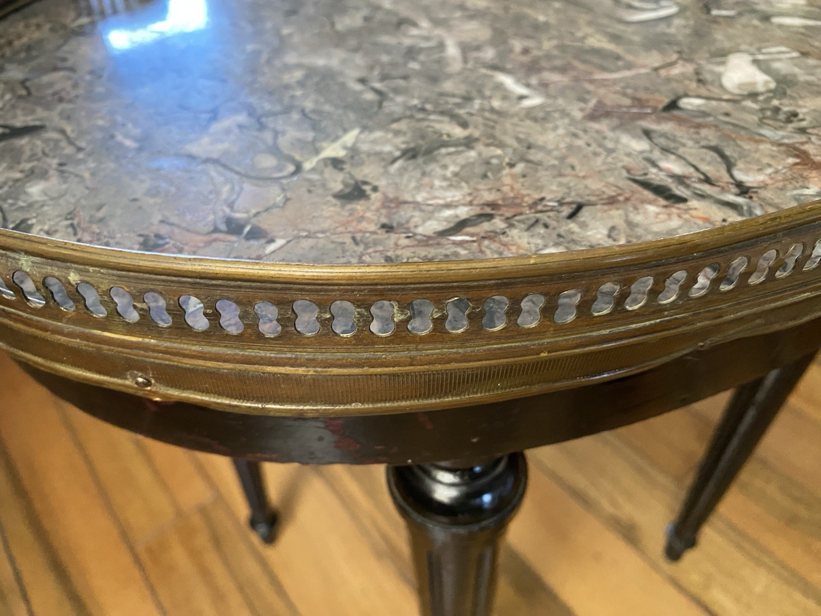 FRENCH Louis XVI Style Small Bouillotte Marble Top And Brass Edge Side Table
