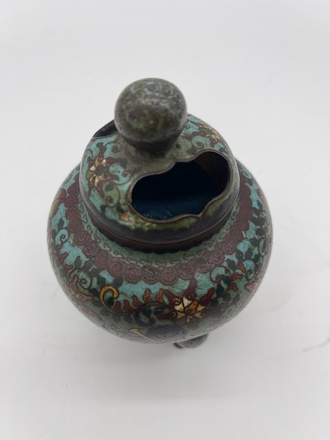 Antique Chinese cloisonné three-legged incense burner