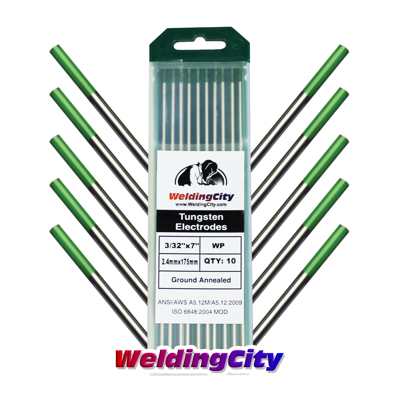 WeldingCity® 10-pk TIG Welding Tungsten Electrode Pure (Green) 3/32" x 7" | USA