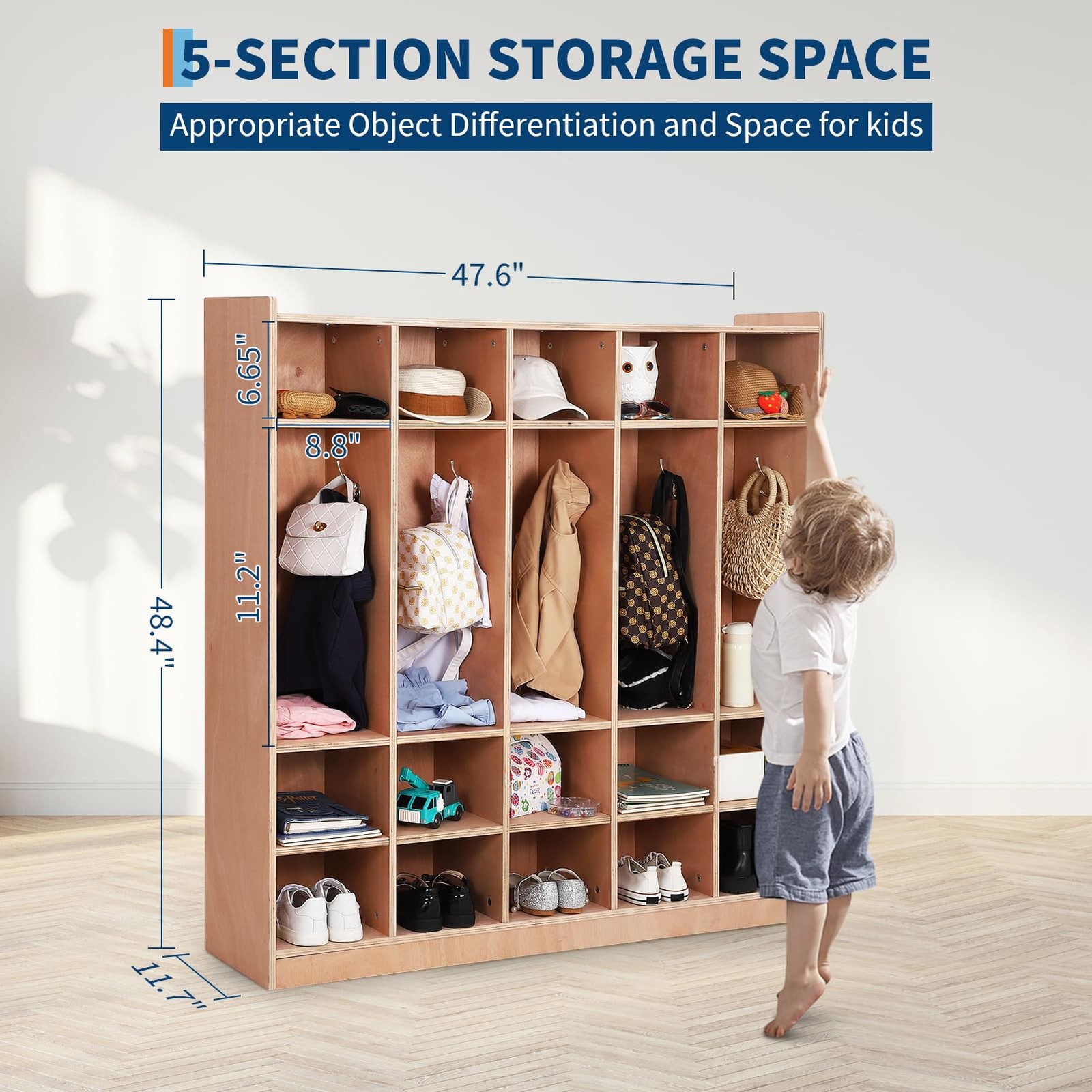5-Section School Coat Locker 10 Cubbies with 4 Casters 5 Hooks 2 Storage Boxes