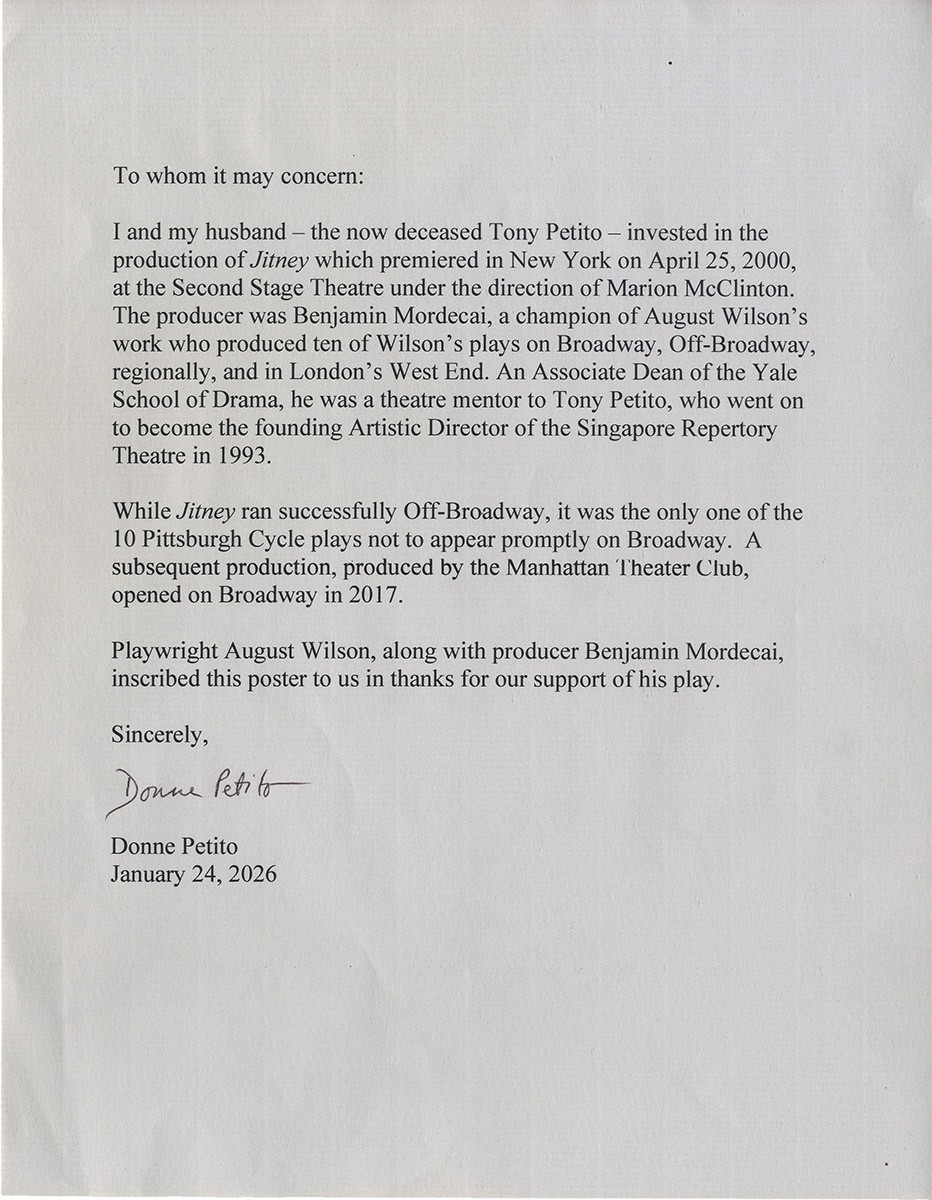 August Wilson (playwright) JITNEY [2000] Theatre window card poster