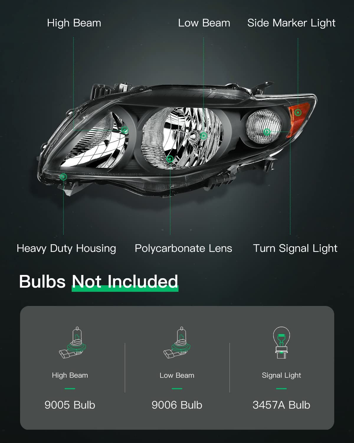 Headlight Assembly Replacement For Toyota Corolla Black Housing Amber Reflector