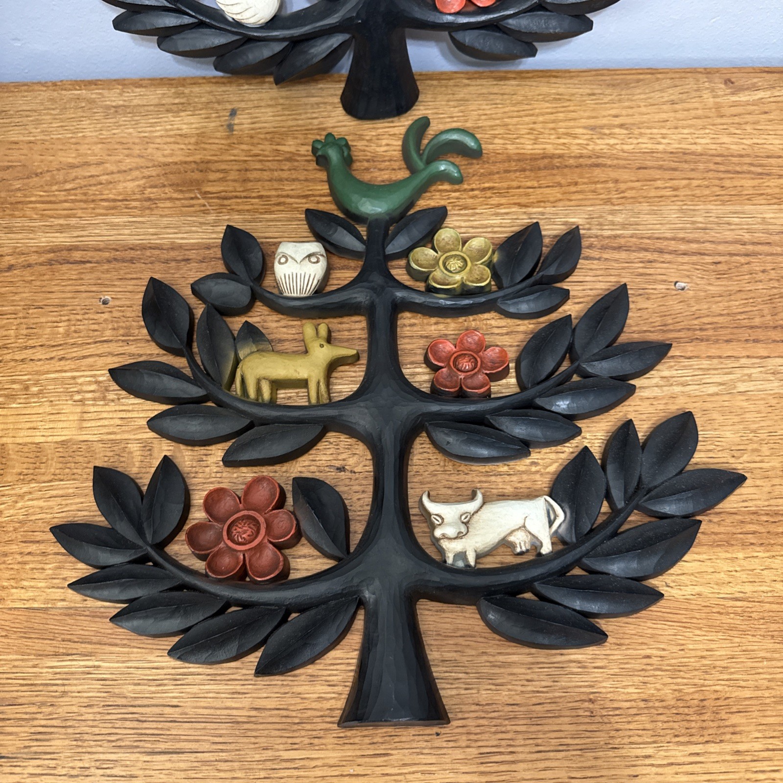 Vtg Set of 2 HOMCO Tree of Life Wall Plaques Boho Animals Flowers 14" x 13.5"