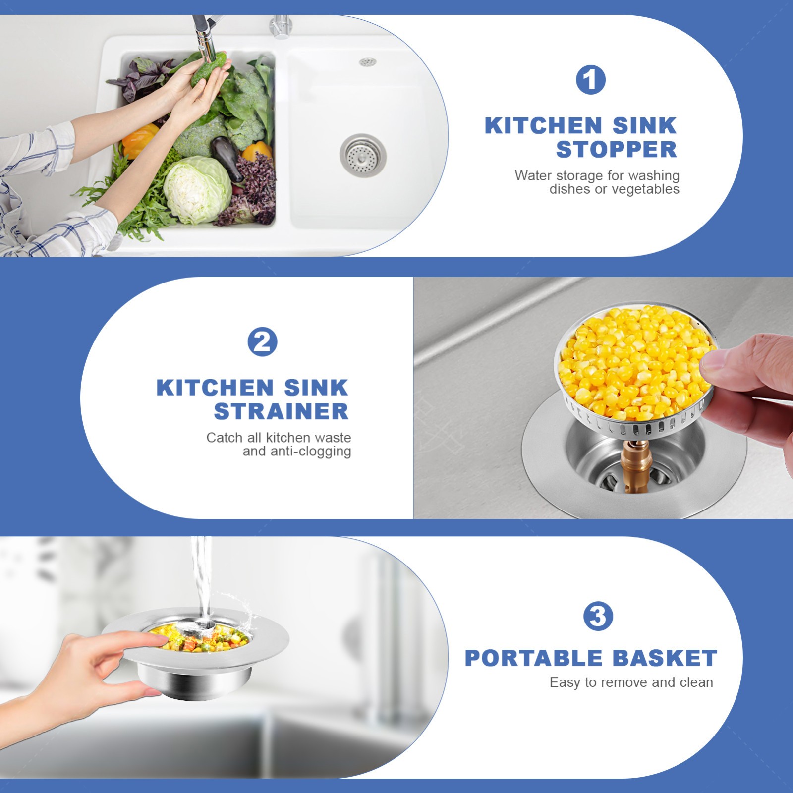 3 in 1 Kitchen Sink Drain Strainer Stopper Combo Pop Up Basket Stainless Steel