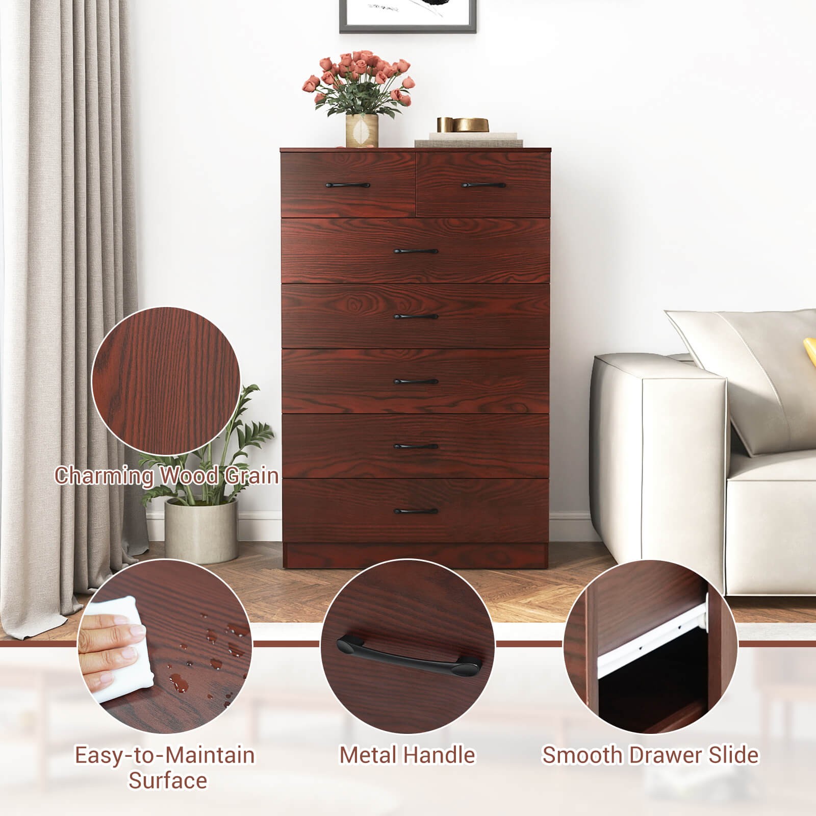 7 Drawers Dresser Wooden Chest of Drawers w/ Metal Handles, Guide Rails Espresso