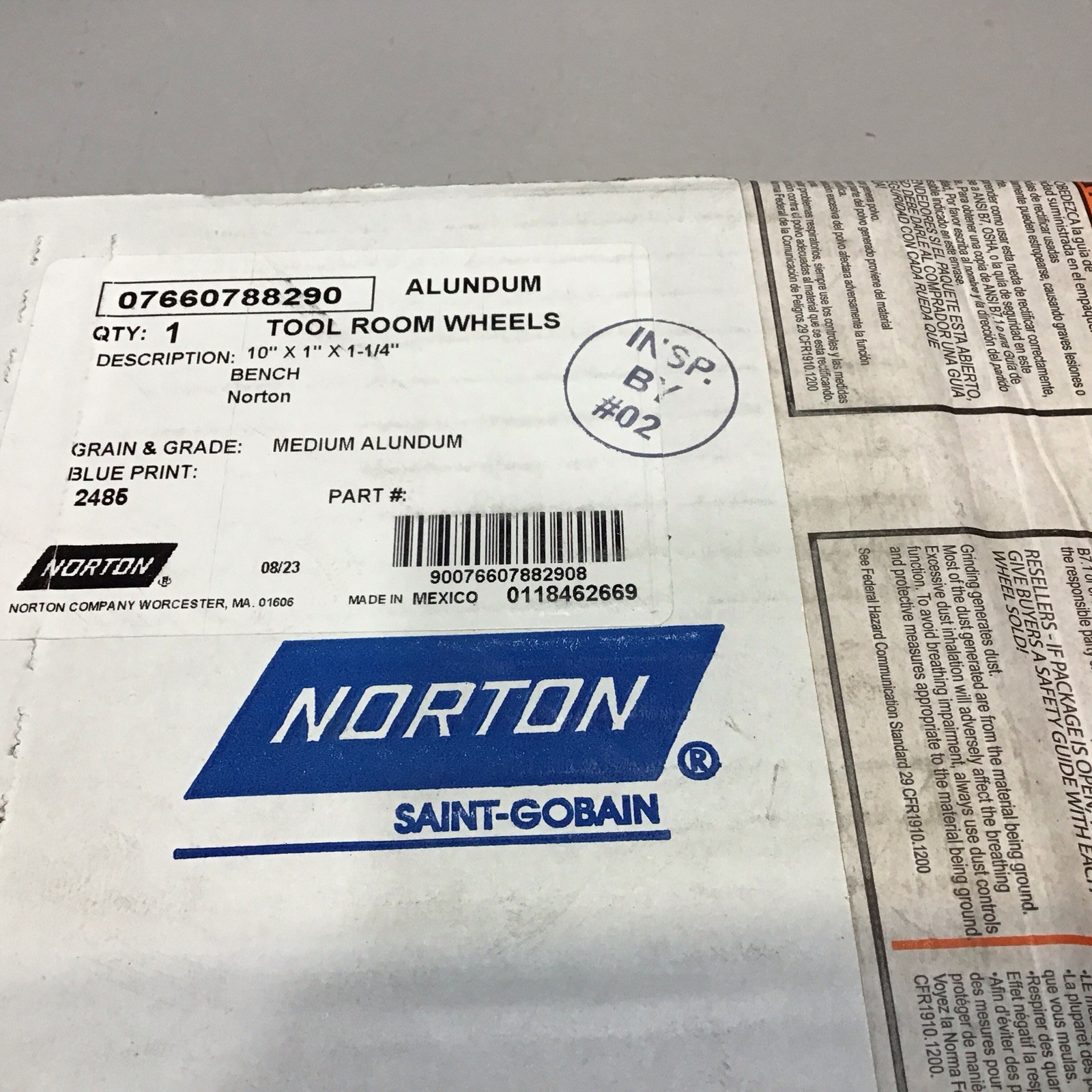 NORTON 07660788290: 10" x 1" x 1-1/4" Medium Alundum Grinding Wheel 2485RPM