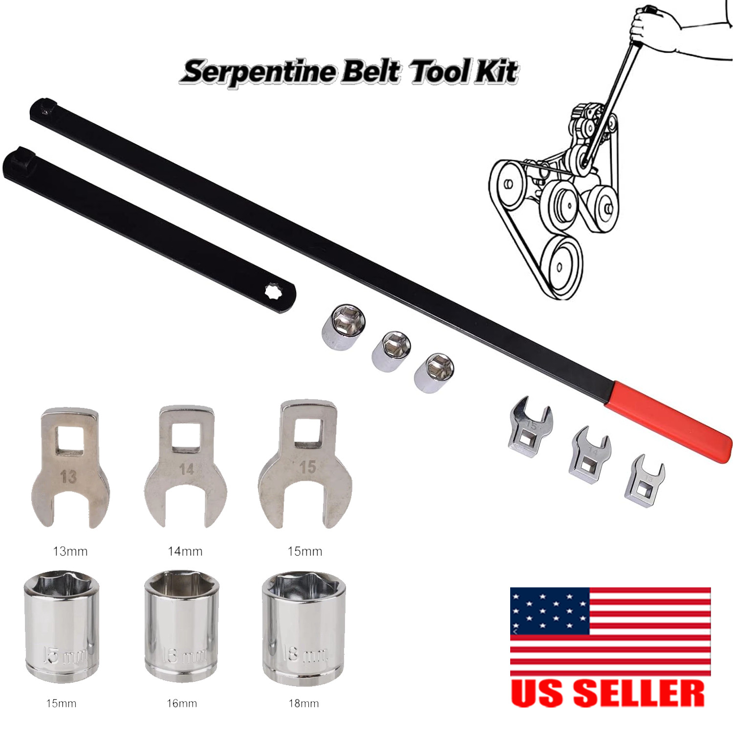 8PC Serpentine Belt Tension Tool 1/2" 3/8" Square Universal Belt Removal Wrech