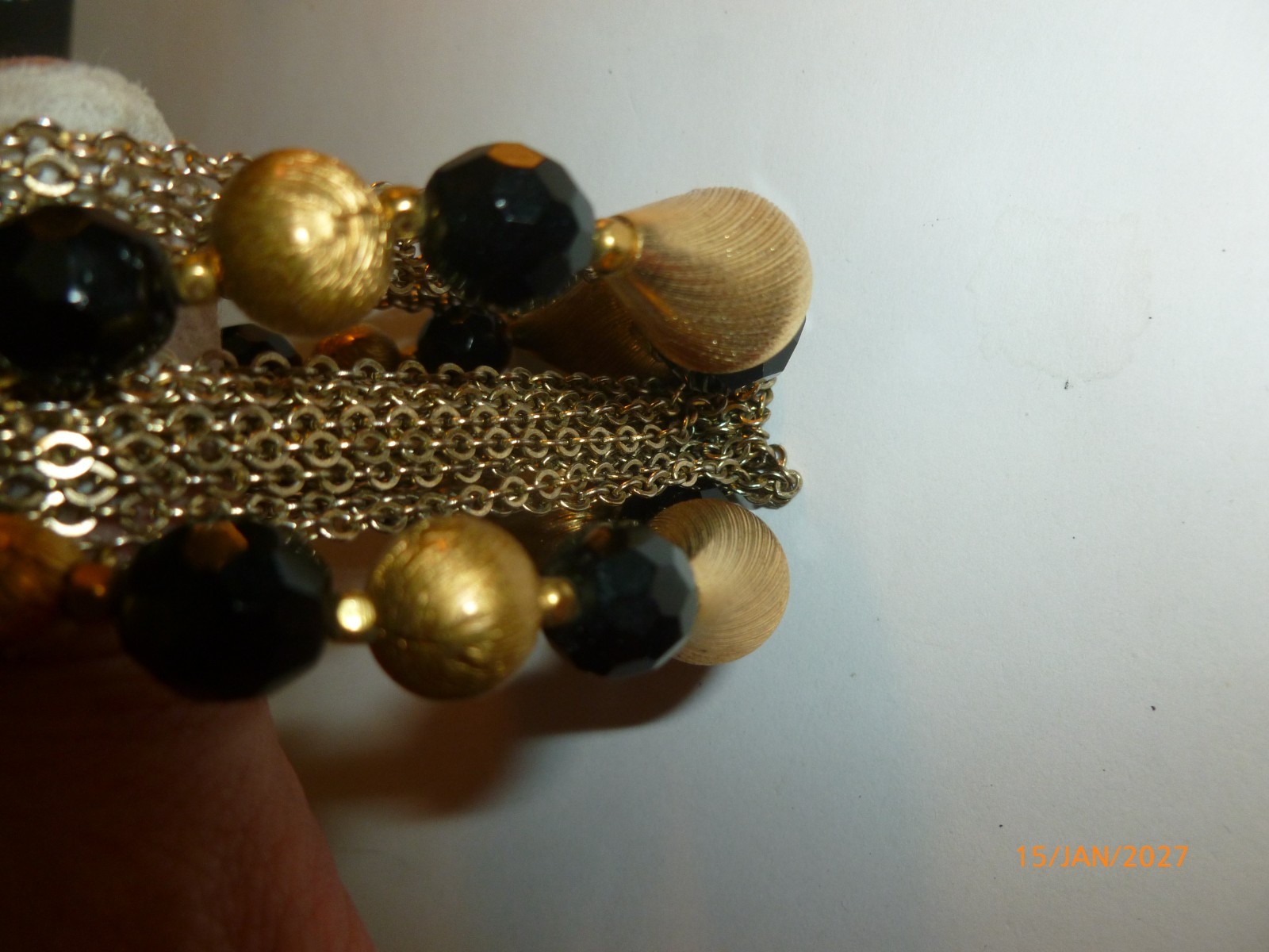 Vintage Black Faceted Rhinestone Gold Tone Bon Bons Chains Bracelet 7" Quality