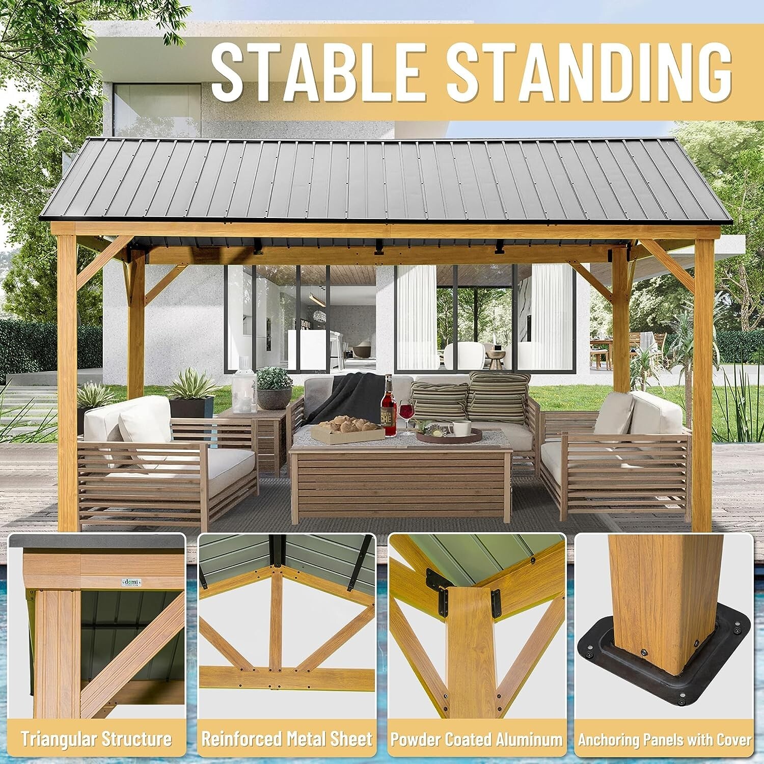 Domi 12' x 14' Outdoor Hardtop Gazebo w/Galvanized Steel Canopy(Wood Looking)