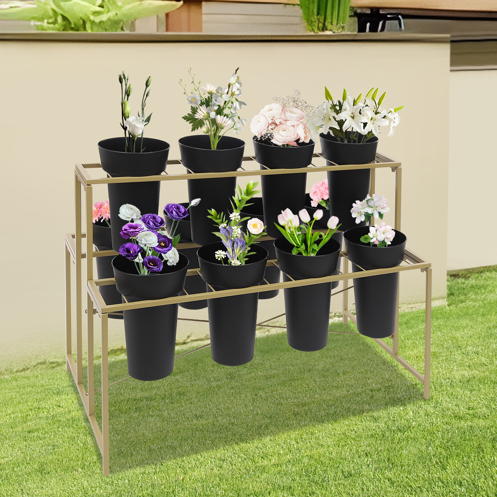 Flower Display Stand with 12 Pcs Buckets, 3 Tier Metal Stand, Indoor & Outdoor