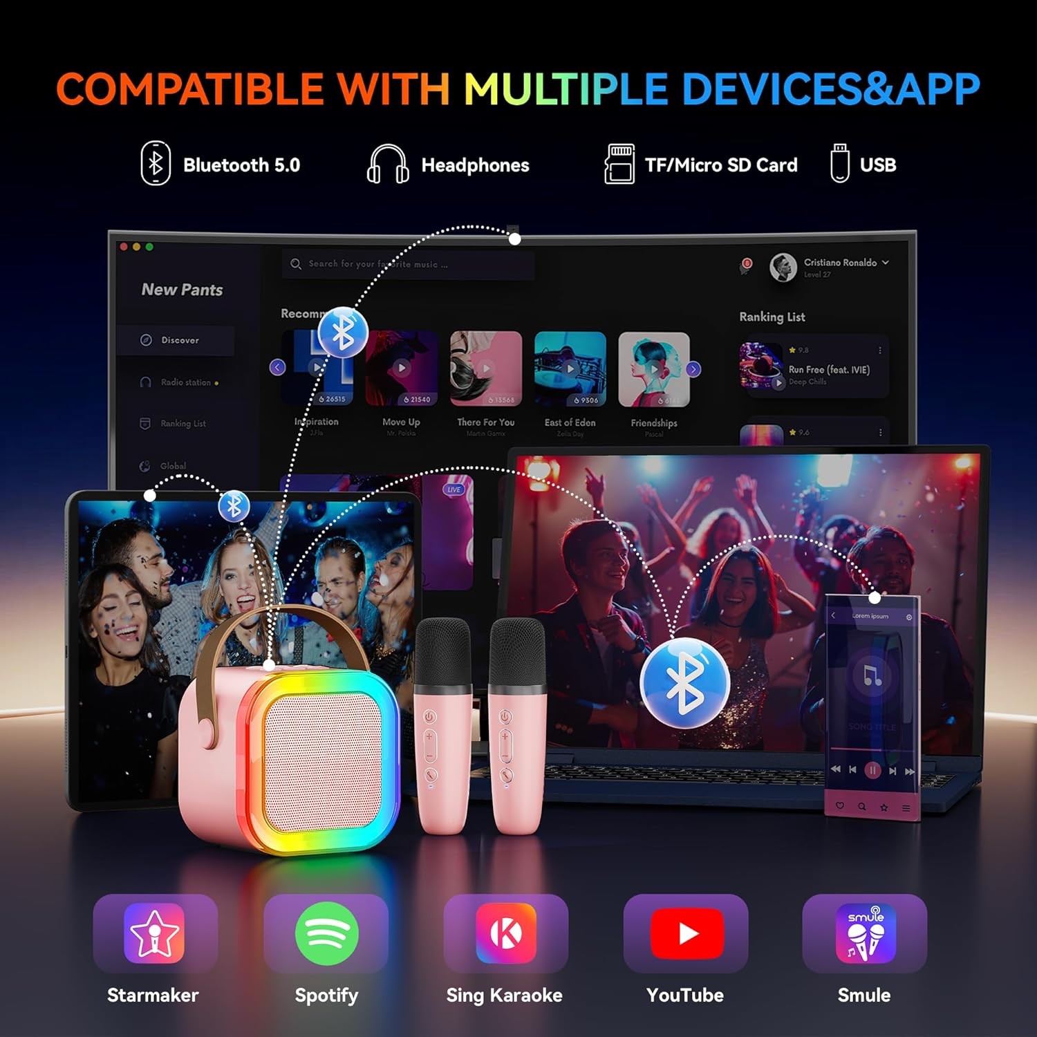 Mini Karaoke Machine for Kids, Portable Bluetooth Speaker with 2 Microphones