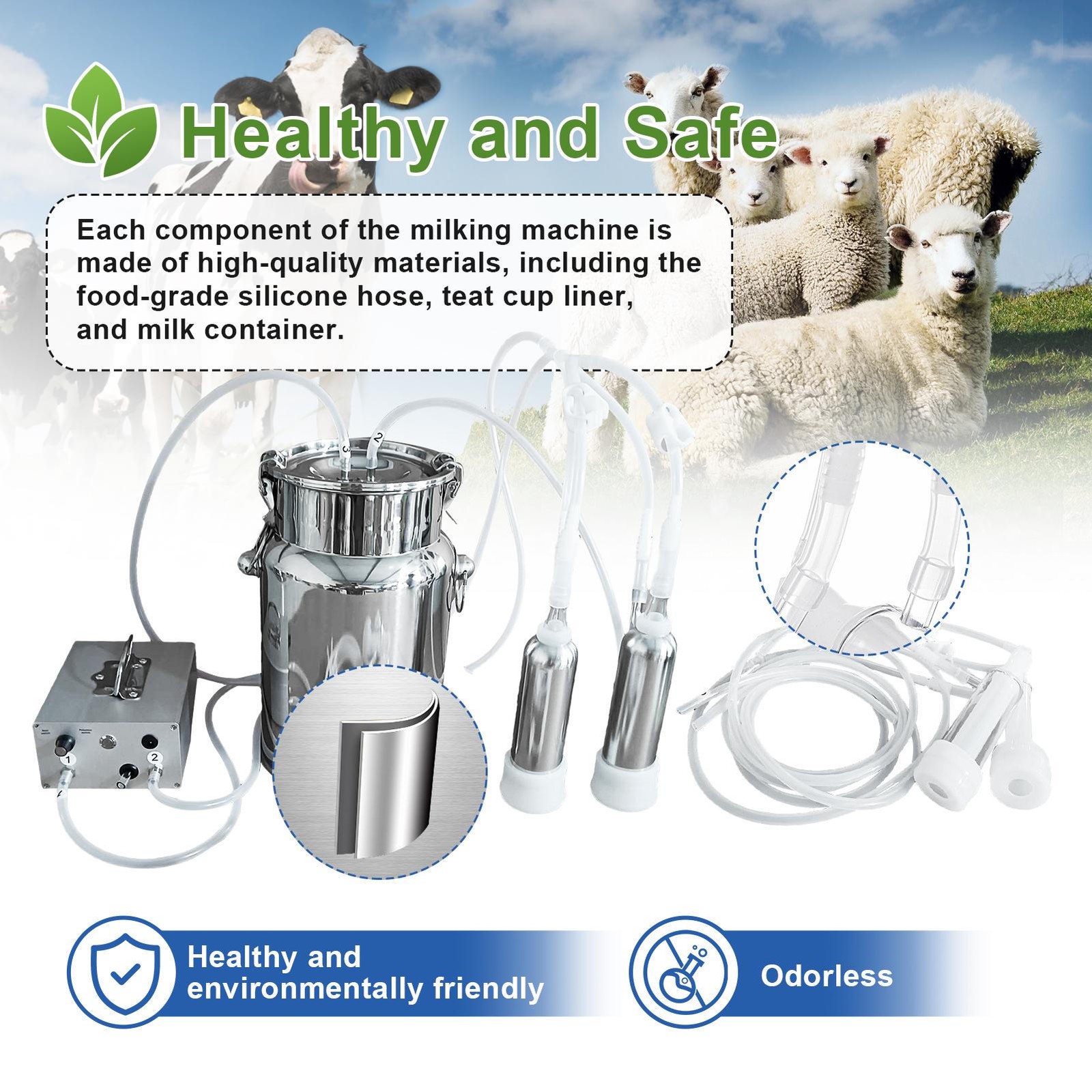 7L Portable Electric Dual Head Sheep Goat Milking Machine Cow Milker Vacuum Pump