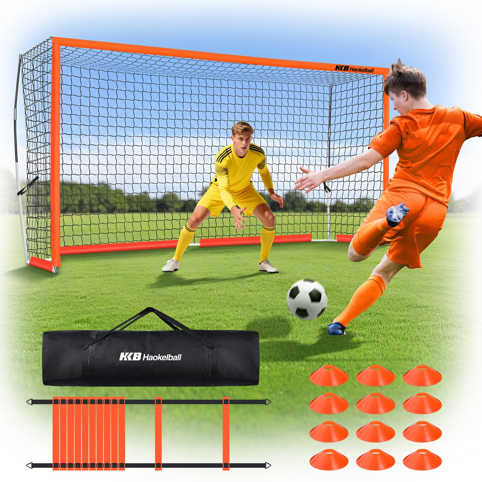 Portable Soccer Net 12x6ft Soccer Goal for Backyard Steel Frame with Net, Ladder