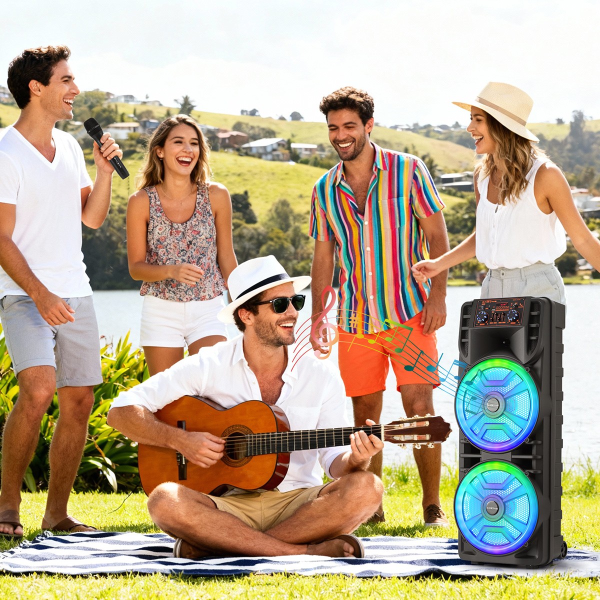 Dual 12" Portable Bluetooth Party Speaker Heavy Bass Sound with Mic FM Karaoke