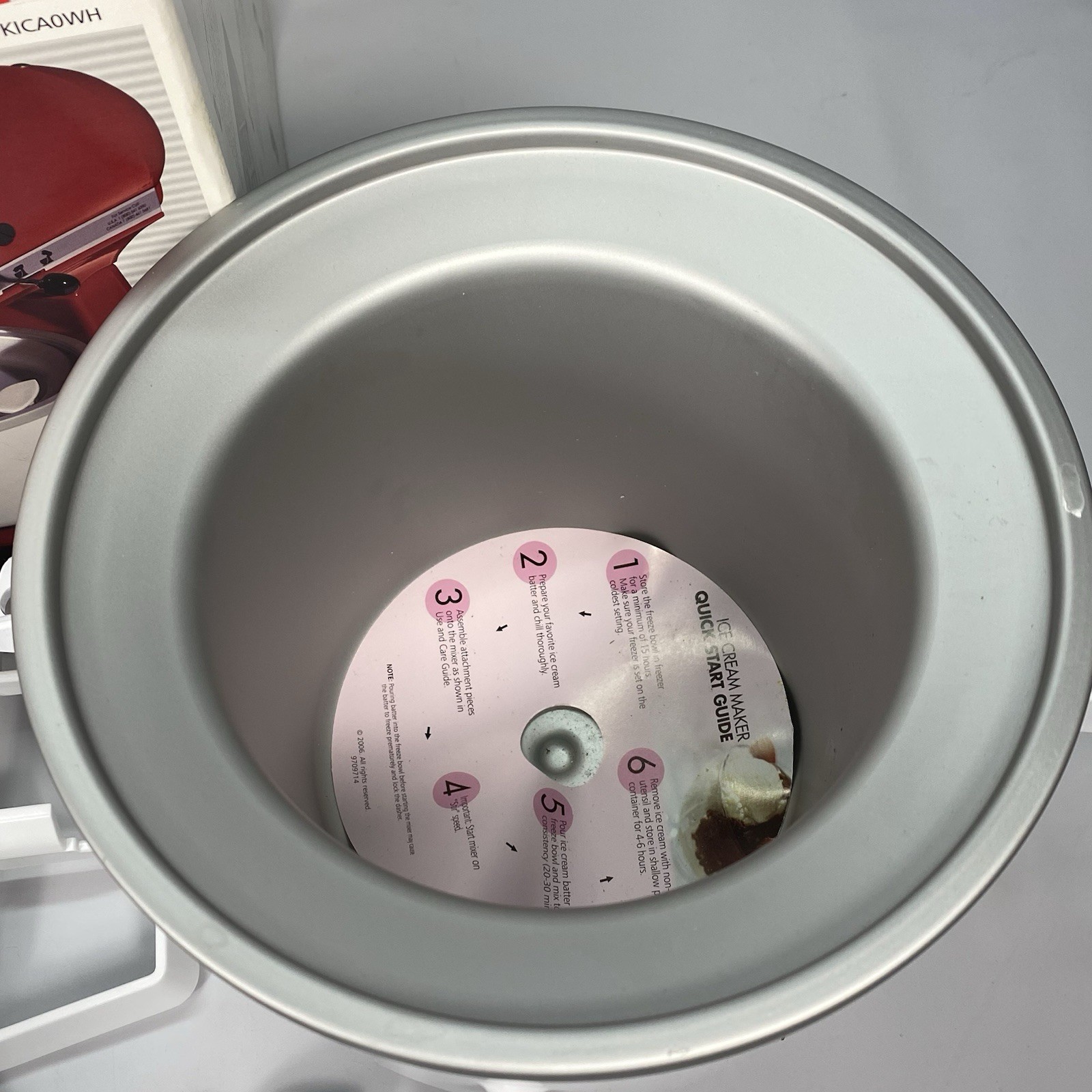 KitchenAid KICA0WH Ice Cream Maker Stand Mixer Attachment 2qt Freeze Bowl OB