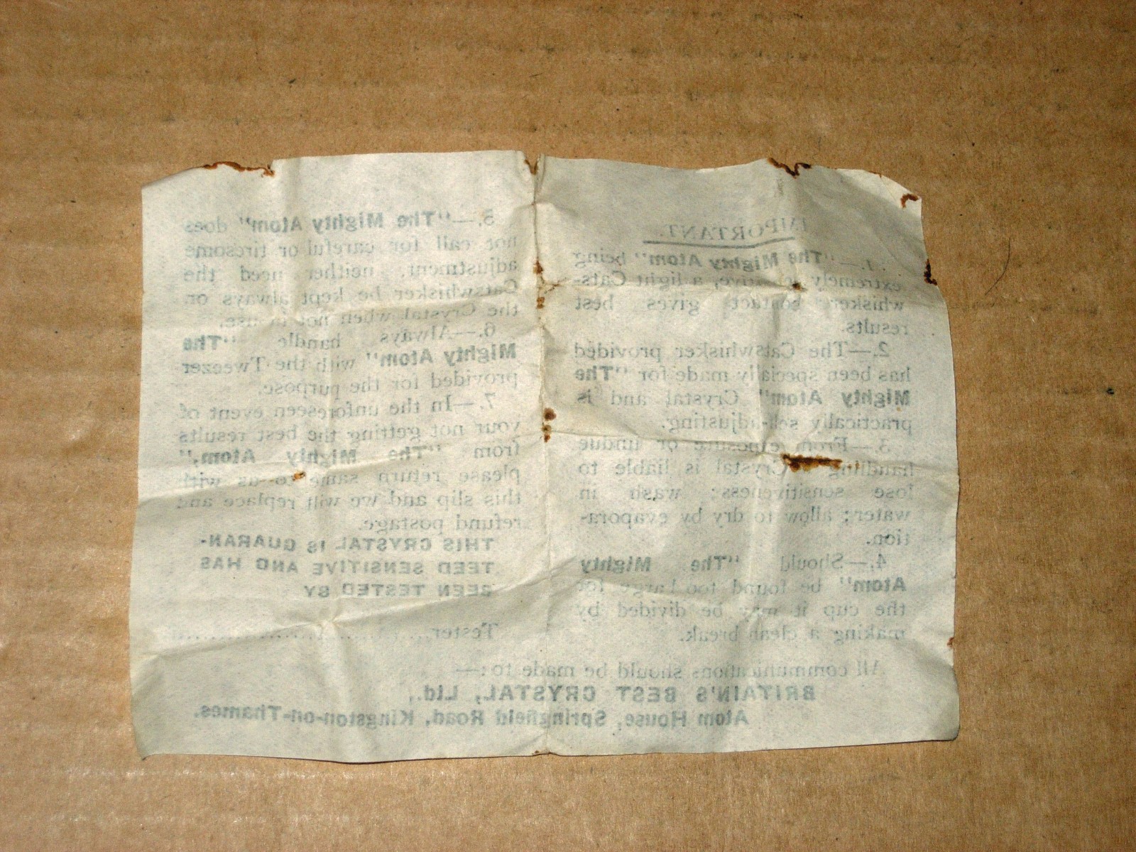 "MIGHTY ATOM" RADIO CRYSTAL WITH TIN, CATS WHISKER, TWEEZERS & INSTRUCTIONS (UK)