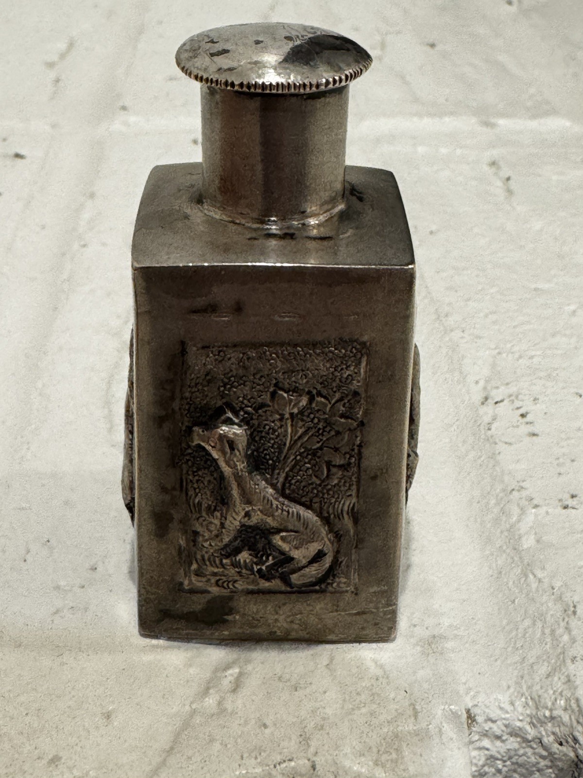 Silver Plate Tea Caddy with Animals no markings