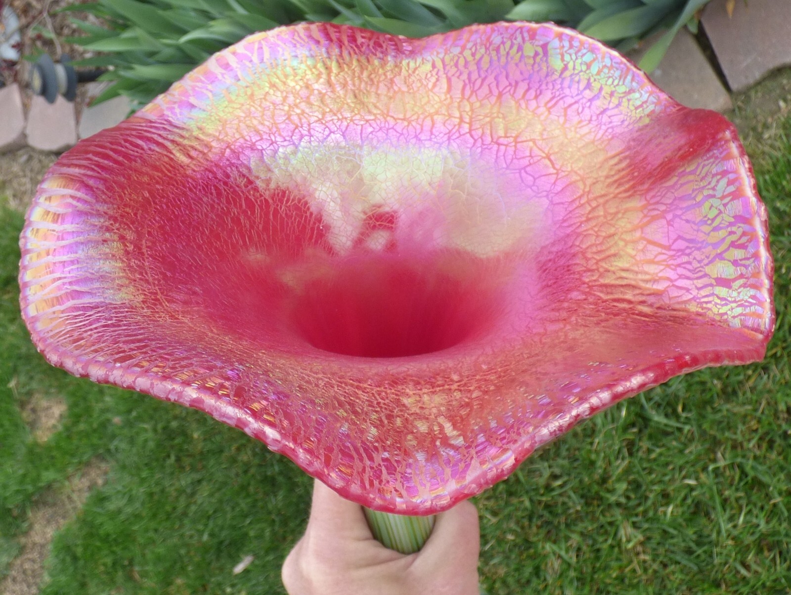 Charles Lotton Aventurine Art Glass Vase 2009 White/Green Pulled Feather 12 1/4"