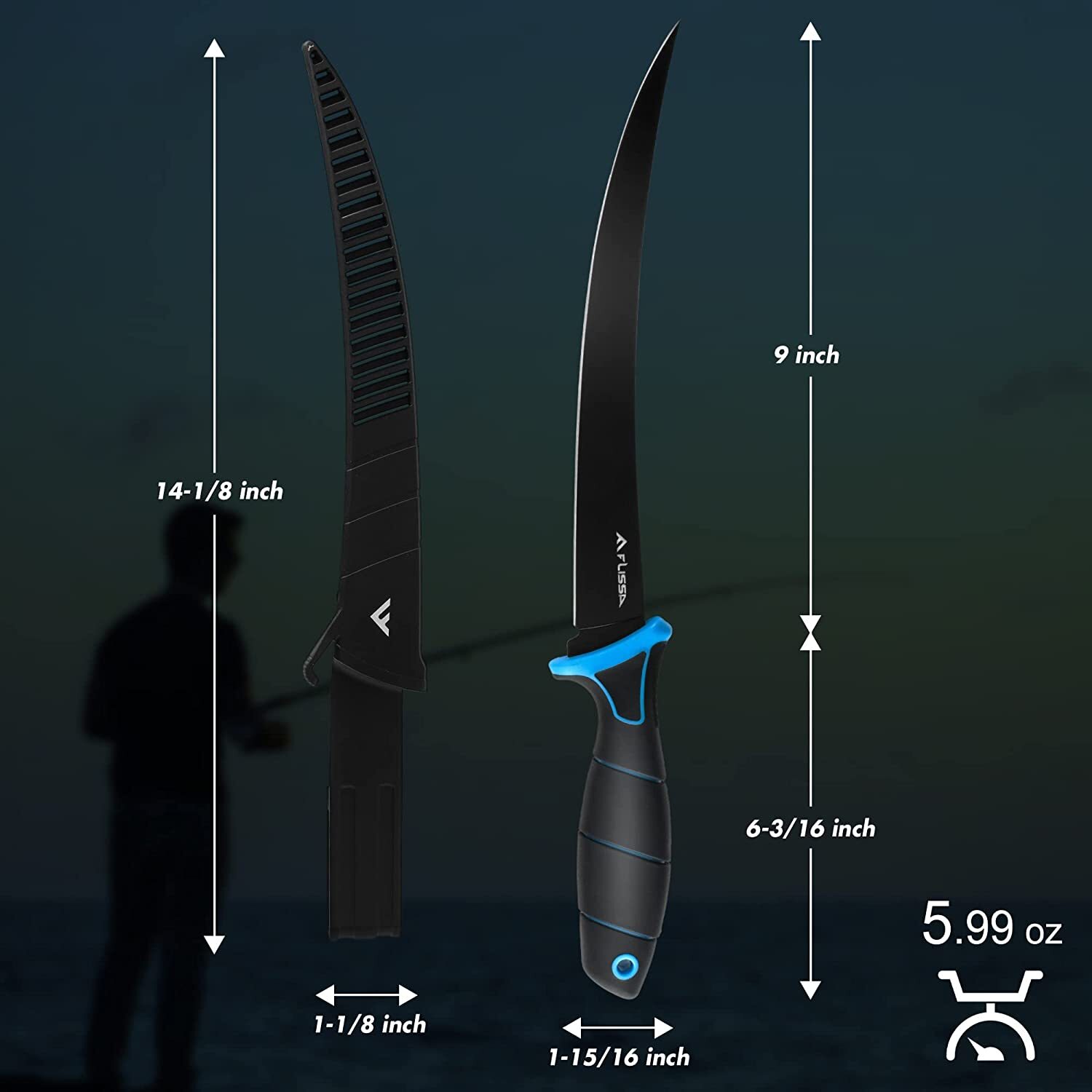 FLISSA Fillet Knife 5''/6''/7''/9''Cutting Notch Non-Slip Handle Lanyard Hole