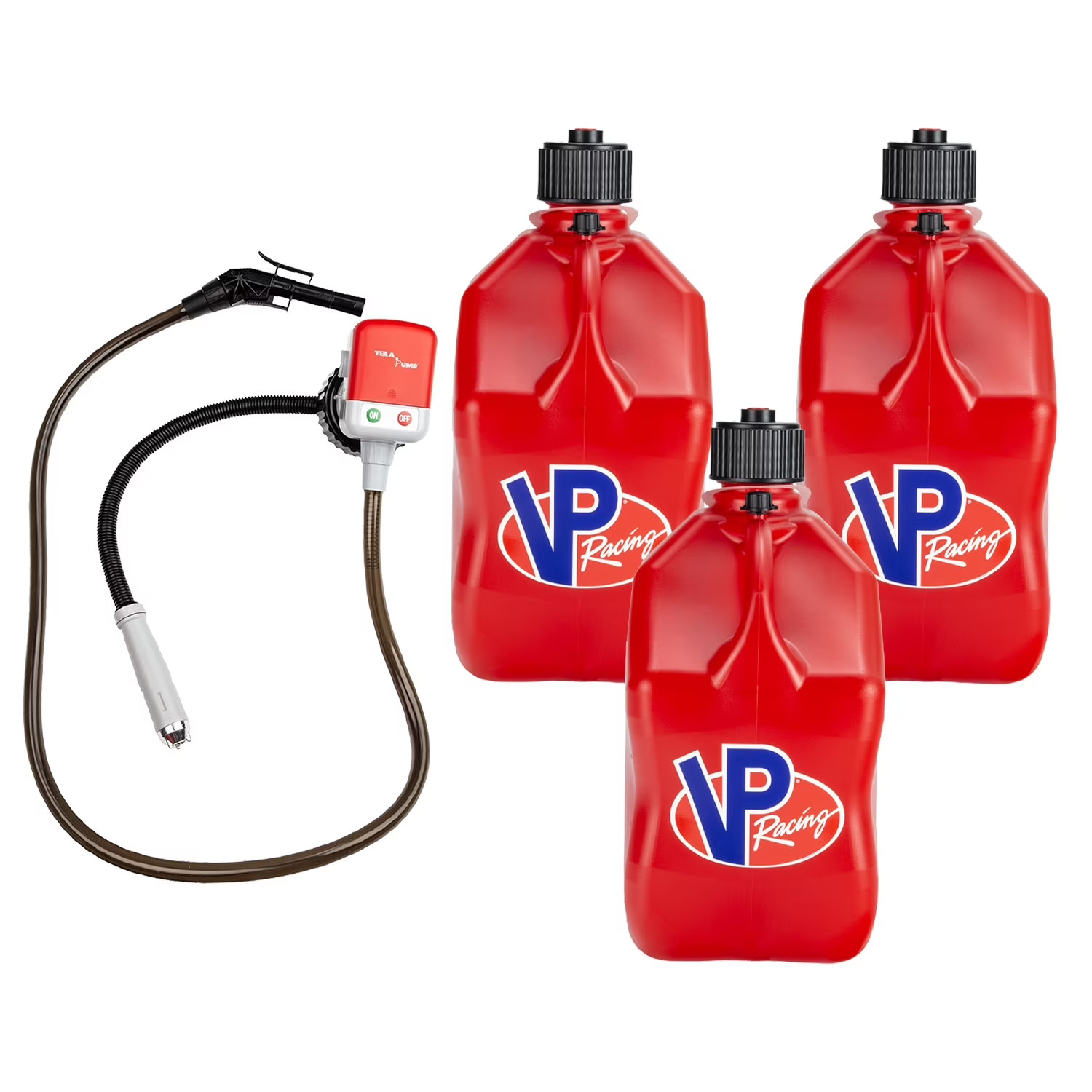 VP Racing 3512-CA, 5.5-Gal. Red Jug(3PK) w/Battery Powered Fuel pump(1PK)