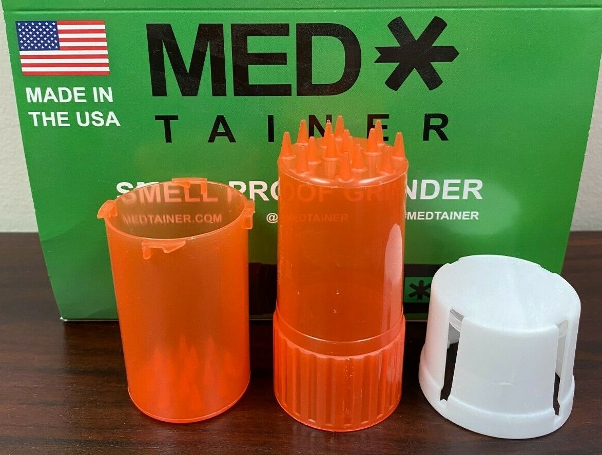 Medtainer Child Resistant Smell Proof Storage & Grinder Orange W/ White Cap