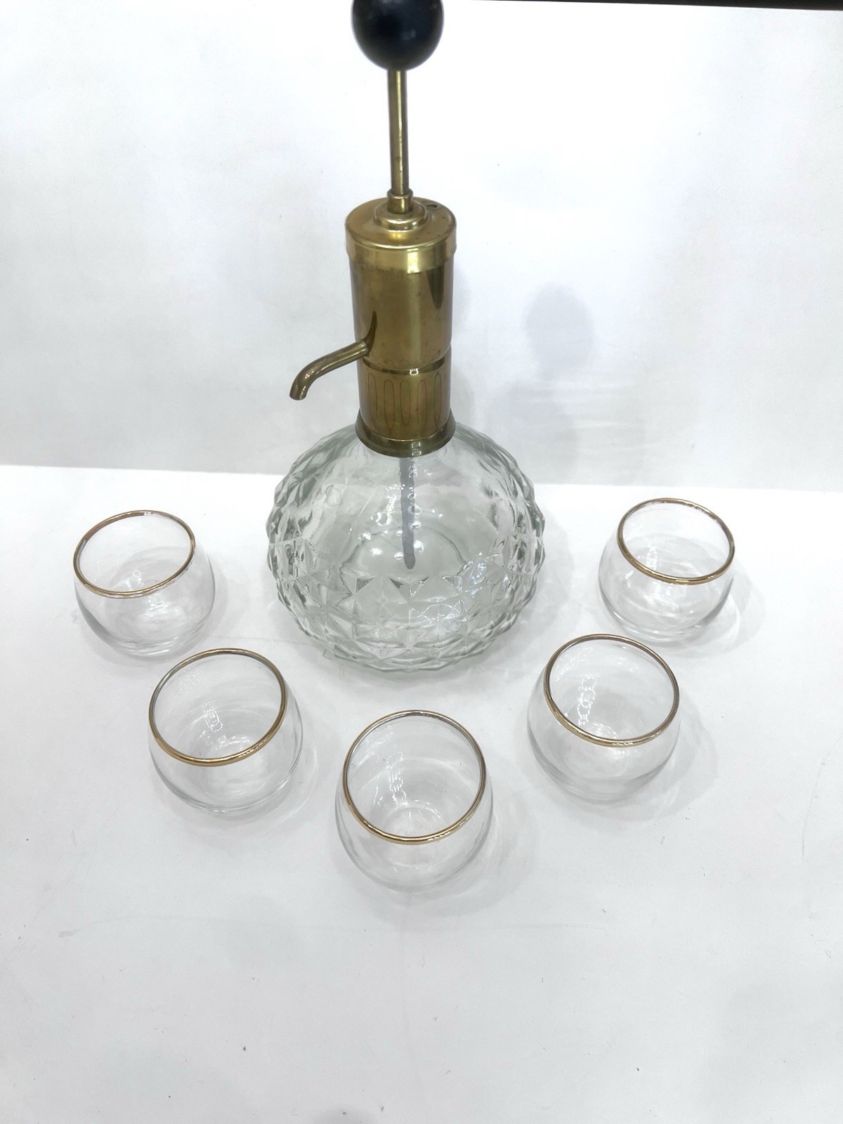 Vintage Park Sherman Liquor Dispenser Set with Brass Pump and 6 Gold Rim Glasses
