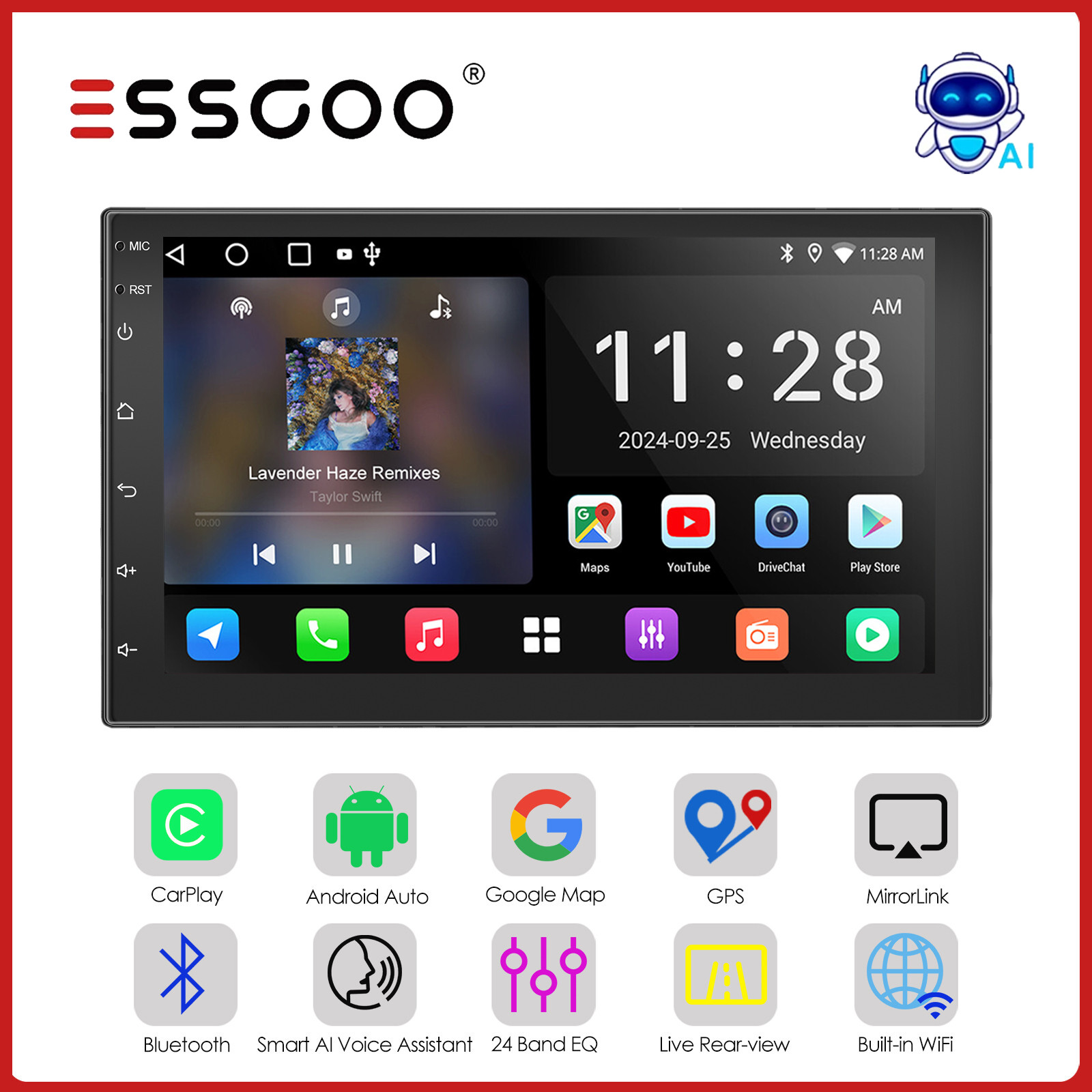 4+64GB Double 2 Din HeadUnit Car Stereo Carplay Android15 Radio Sat Nav WIFI 7in