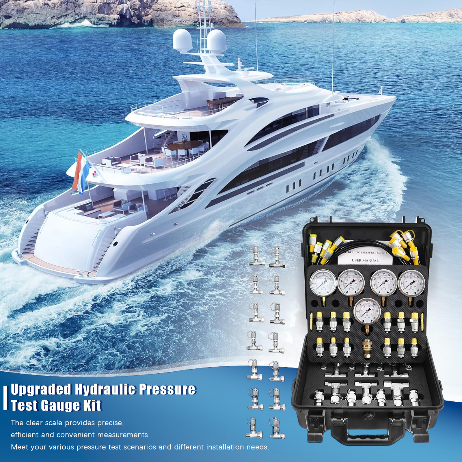 60Mpa Hydraulic Pressure Test Kit 5 Gauges 13 Couplings 14 Tee Connectors 5 Hose