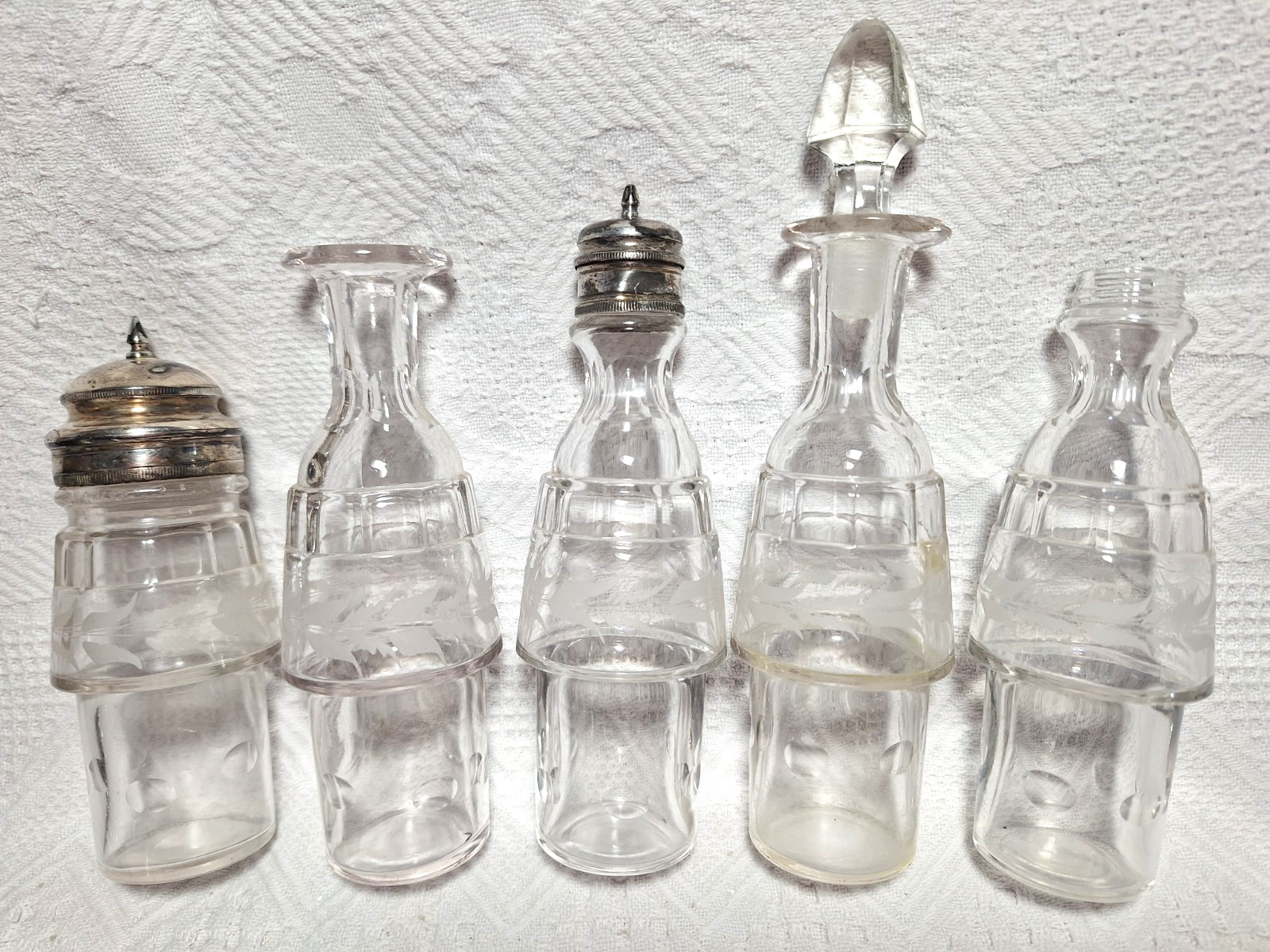 Antique Cruet Set Silver Plate Victorian 5 Etched Bottles Eastlake Design GS
