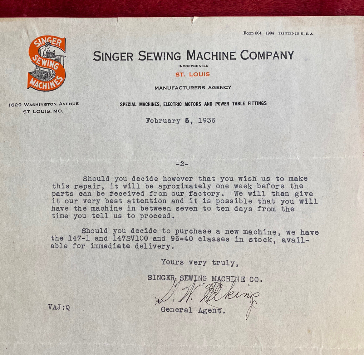 Vintage 1936 Singer Sewing Machine Co of St. Louis Missouri MO Letterhead Paper