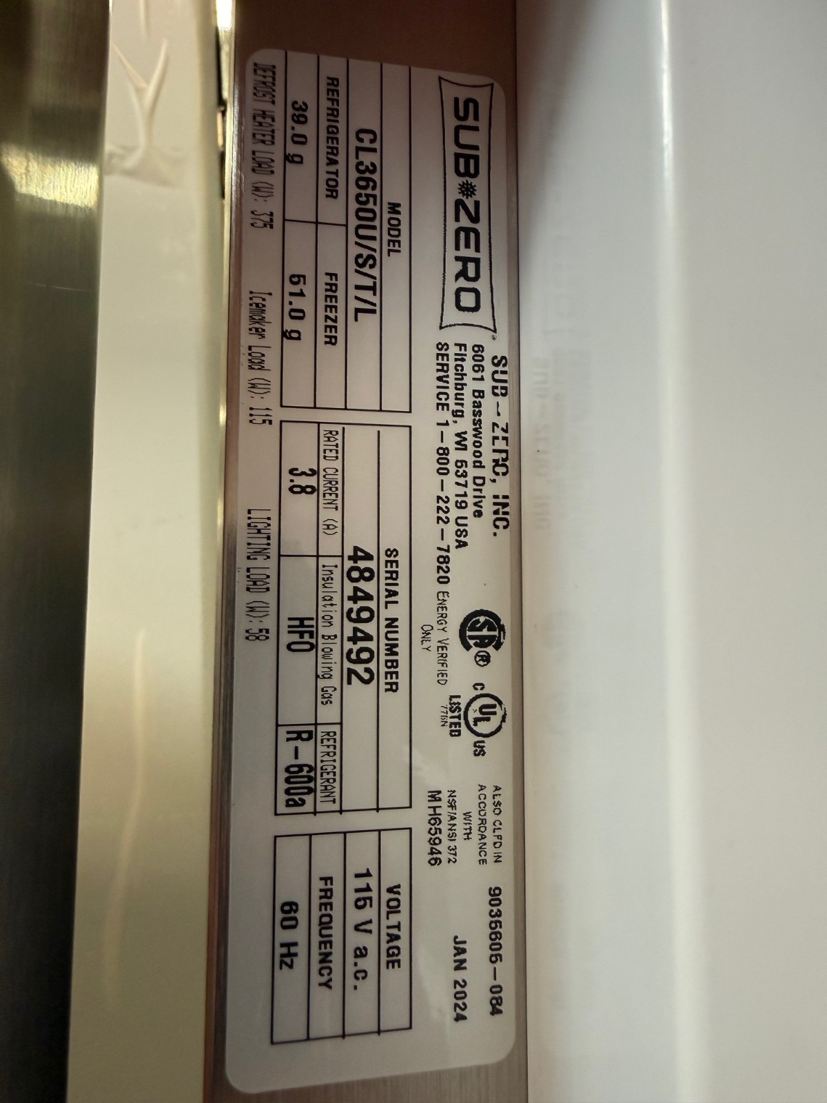 36” Subzero Refrigerator With Bottom Freezer CL3650USTL (New 2024)