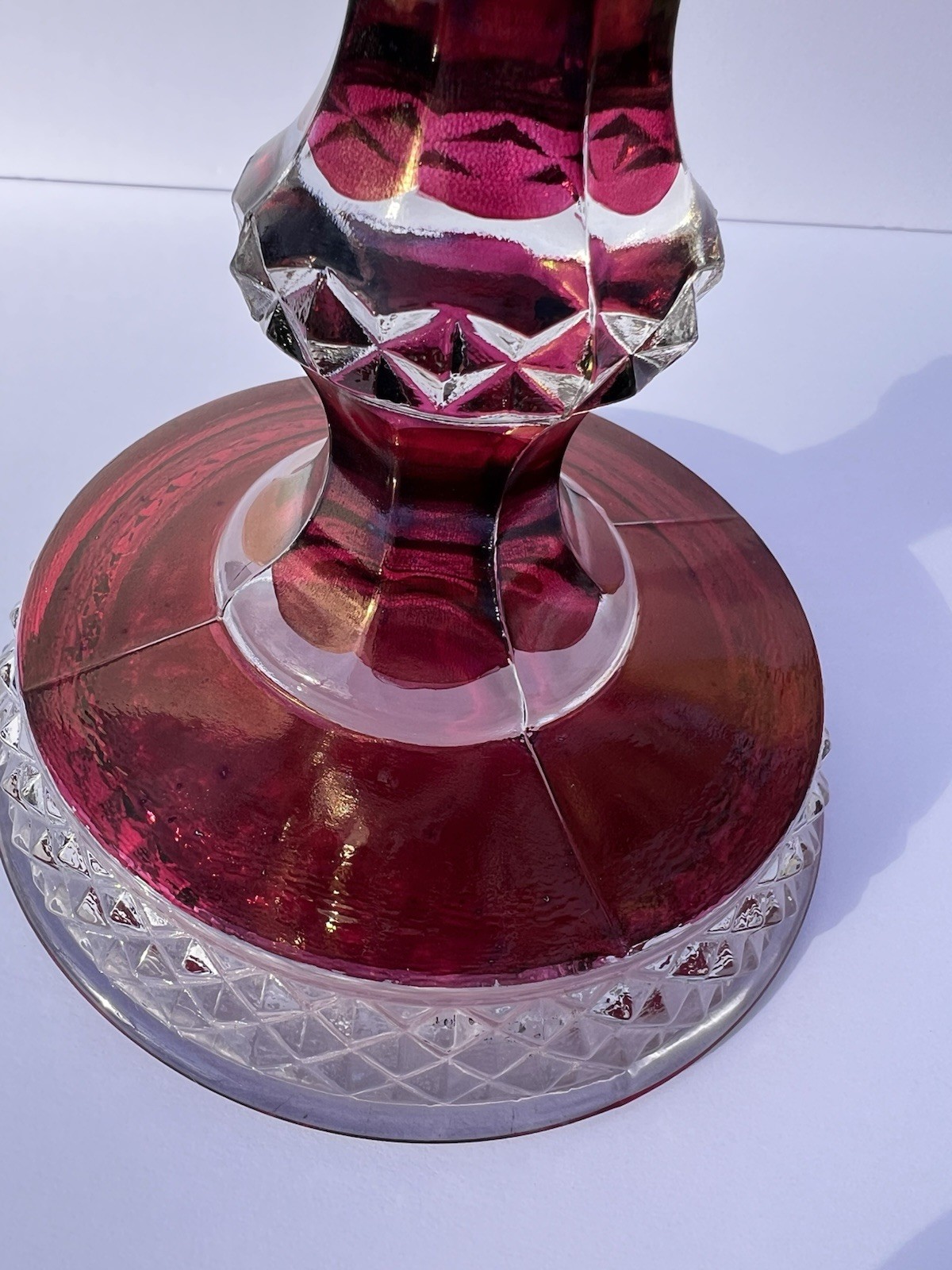 Antique 1890’s Victorian Ruby Flash EAPG 12 Panel Pedestal Celery Vase 10”