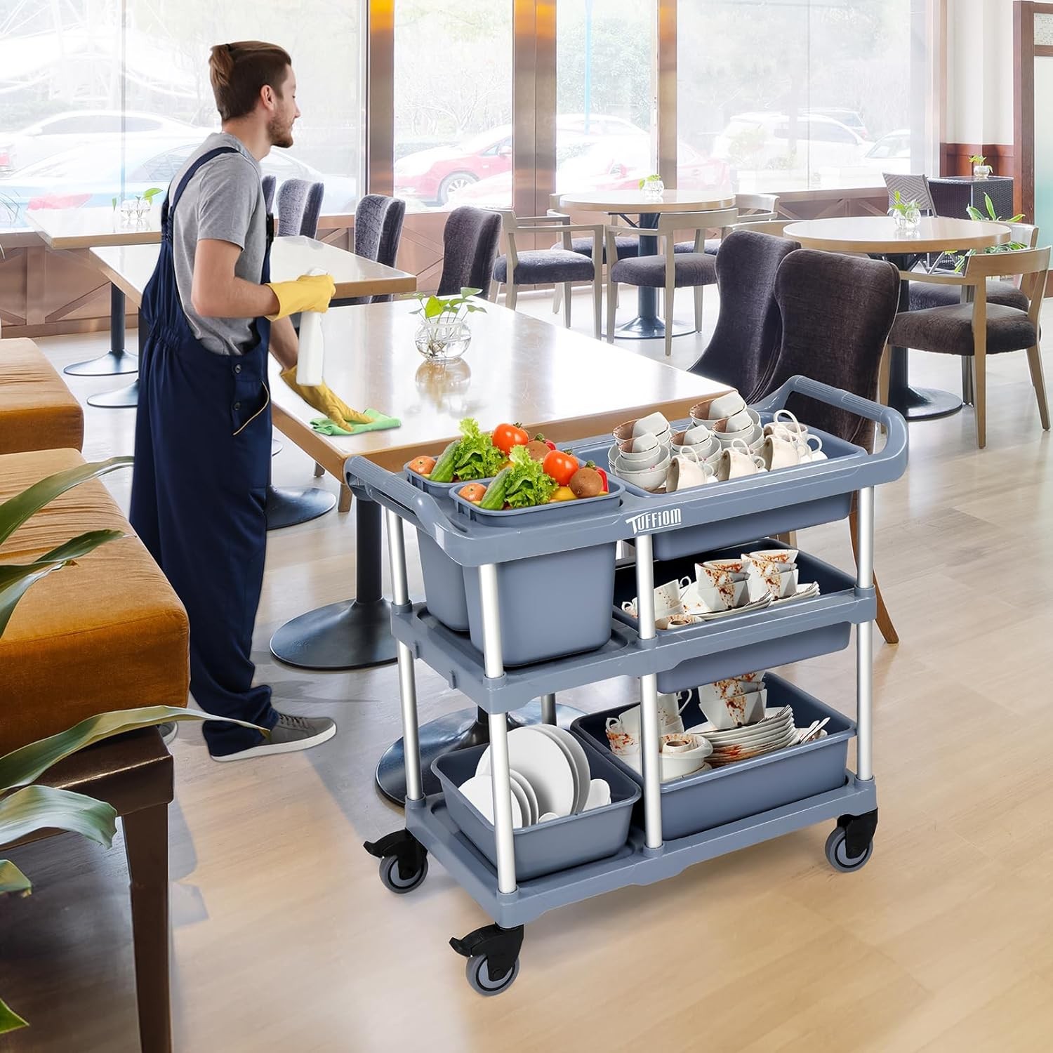3-Tier Plastic Service Storage Utility Cart with Wheels and Large Storage Space
