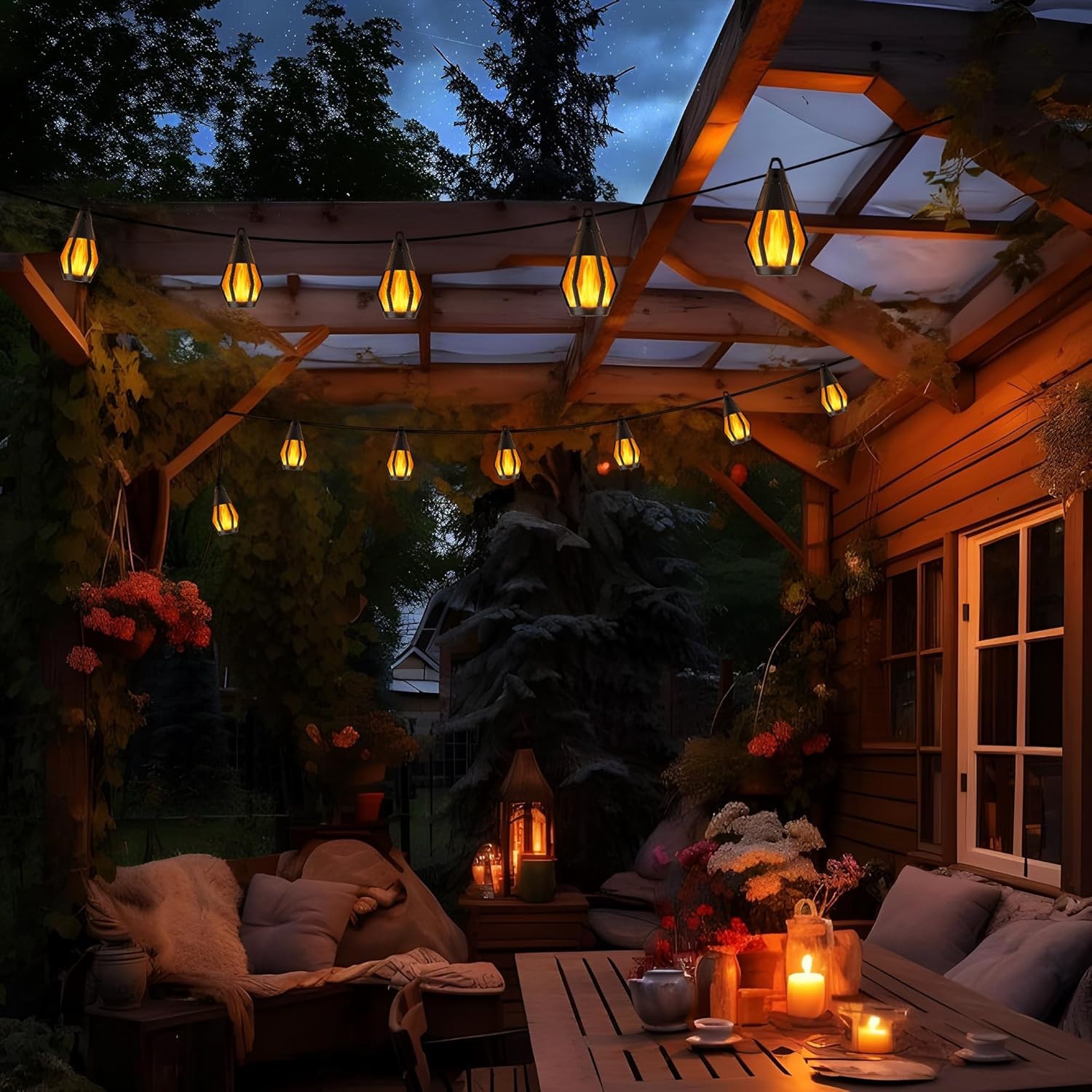 Solar String Lights for Outside 28Ft Patio Lights 15 Flickering Flame Light Bulb