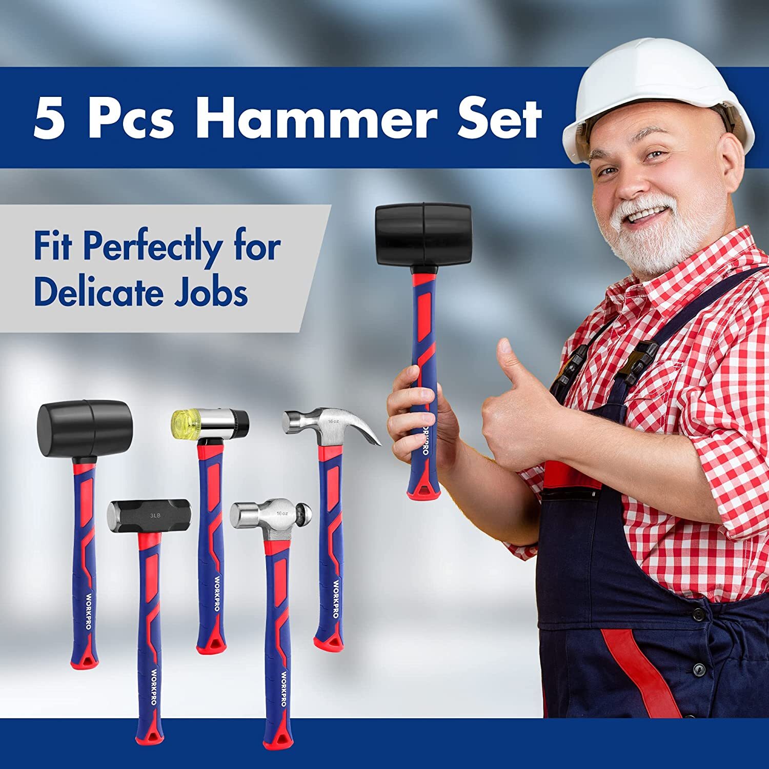 WORKPRO 5-Piece Hammer Set, Forged & Polished Steel Head, Fiberglass Handle NEW