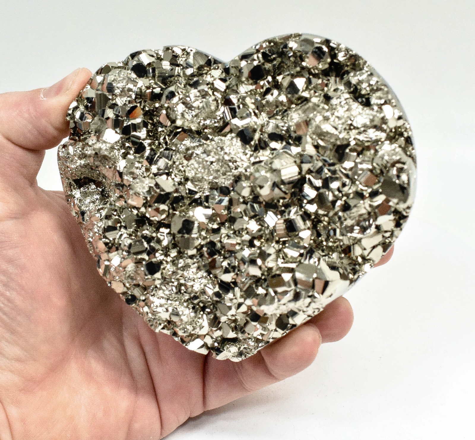 4.37" Polished PYRITE CRYSTAL HEART Carving Huanzala mine, Peru T706