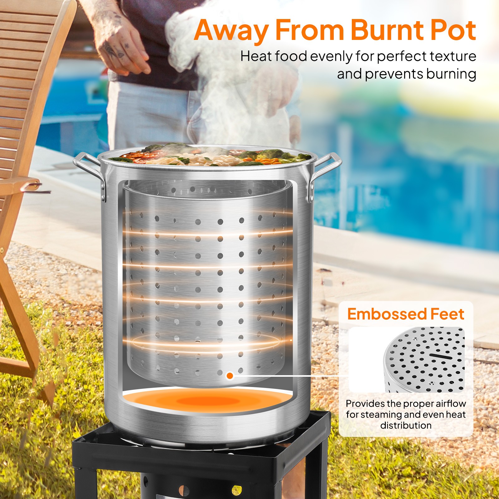 30 QT Aluminum Seafood Boil Pot with Strainer Basket, Lid, Hook for Boiling